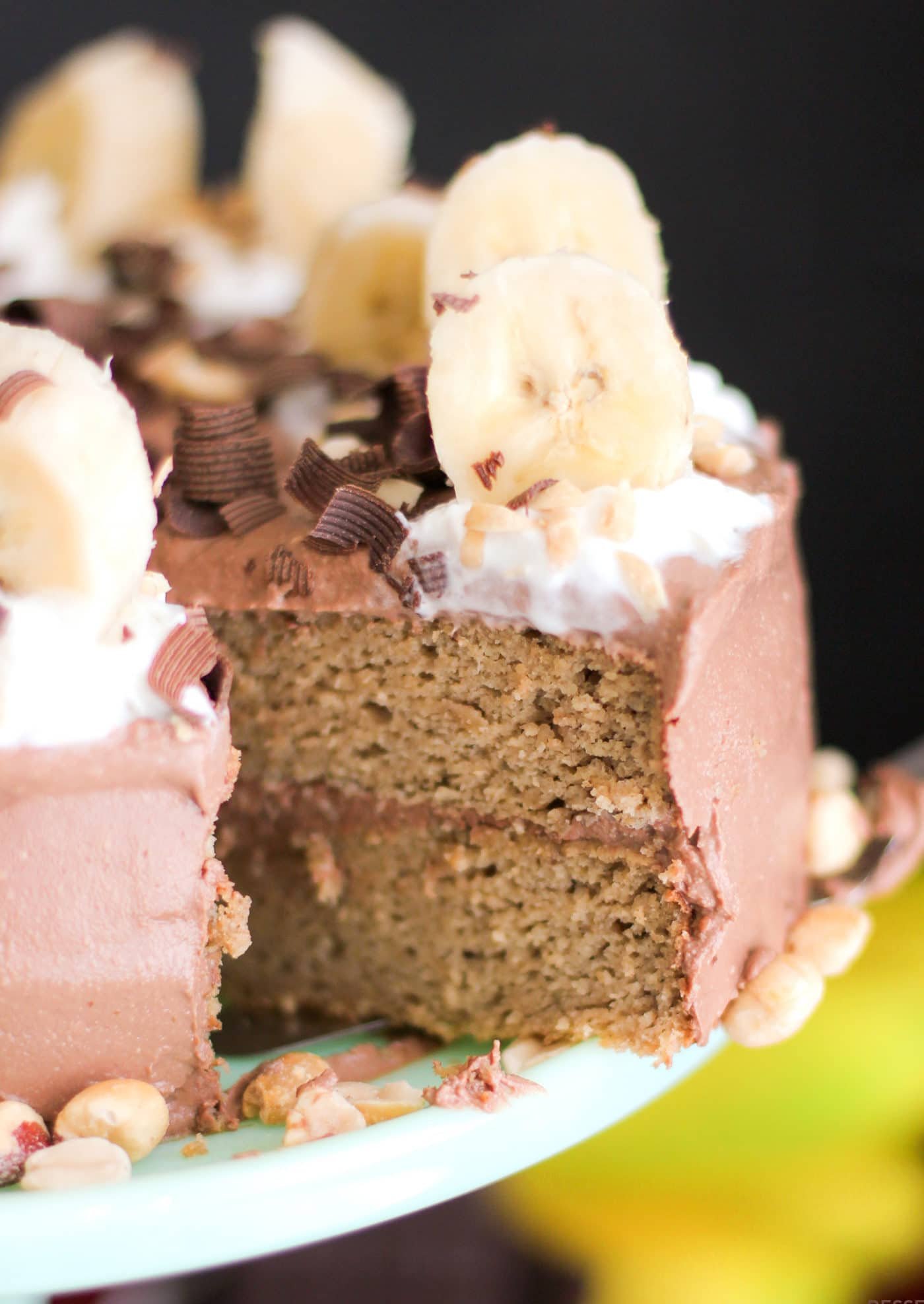Healthy Chunky Monkey Cake: Peanut Butter Banana Cake with Chocolate Peanut Butter Frosting (refined sugar free, high protein, high fiber, gluten free) -- Healthy Dessert Recipes at Desserts with Benefits