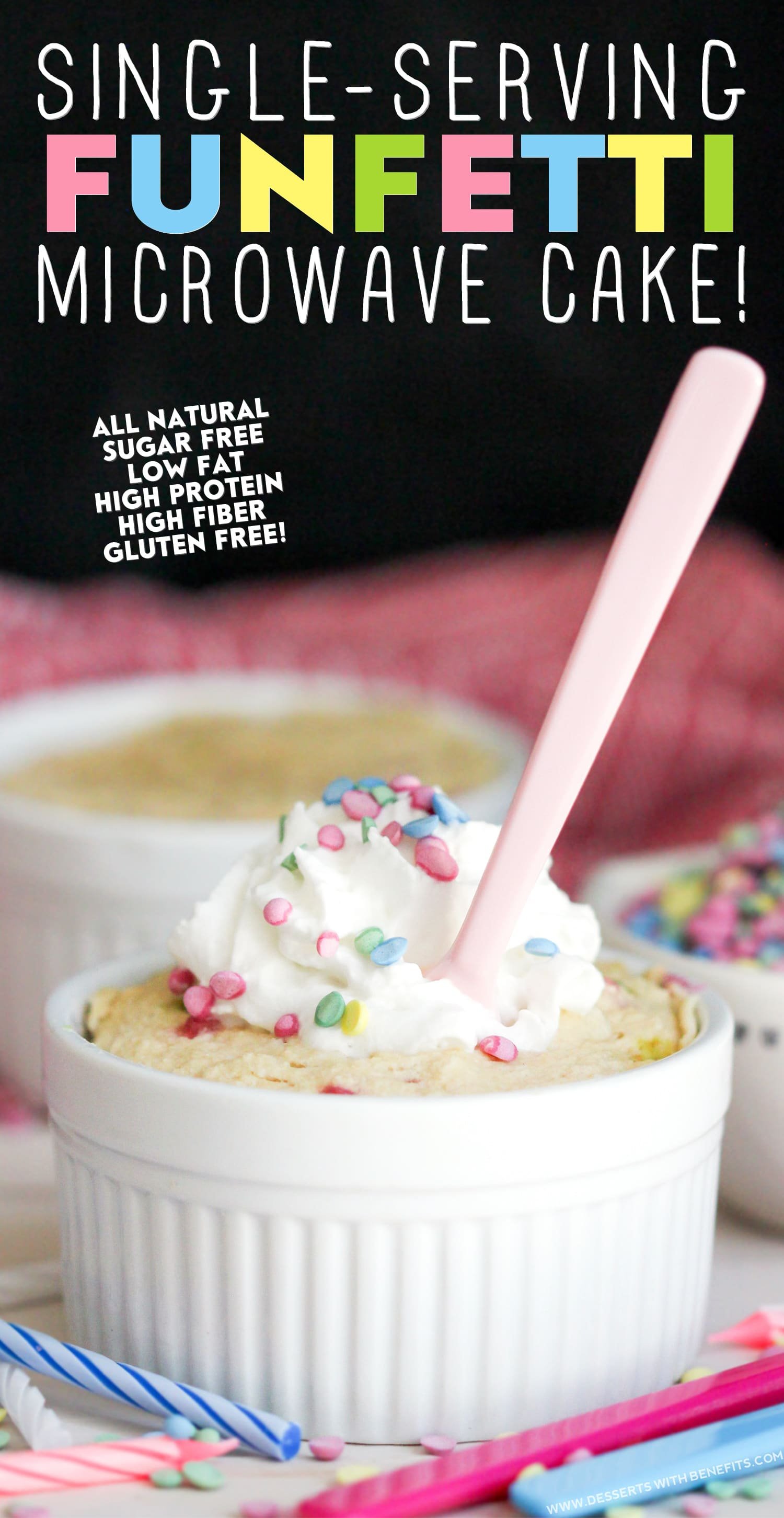 Healthy Single-Serving Funfetti Microwave Cake (all natural, sugar free, low fat, high protein, high fiber and gluten free, with vegan option!) - Healthy Dessert Recipes at Desserts with Benefits