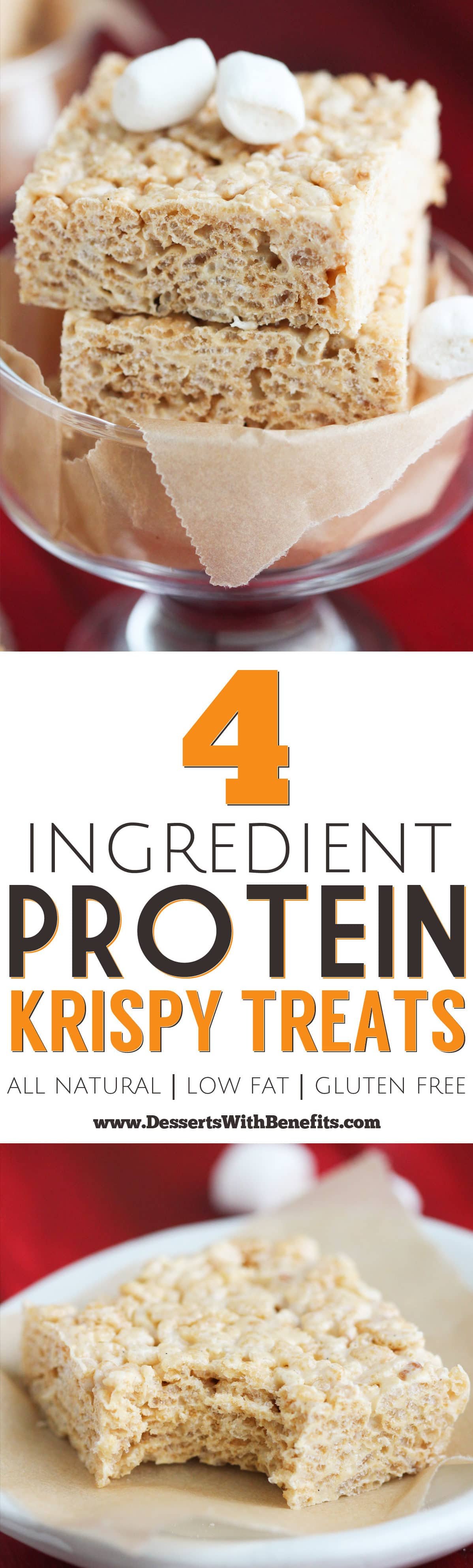 Simple, quick, and easy Healthy Protein Krispy Treats recipe – only 4 ingredients needed to make these chewy and crunchy (all natural, low fat, refined sugar free, and gluten free) treats! Healthy Dessert Recipes at Desserts with Benefits