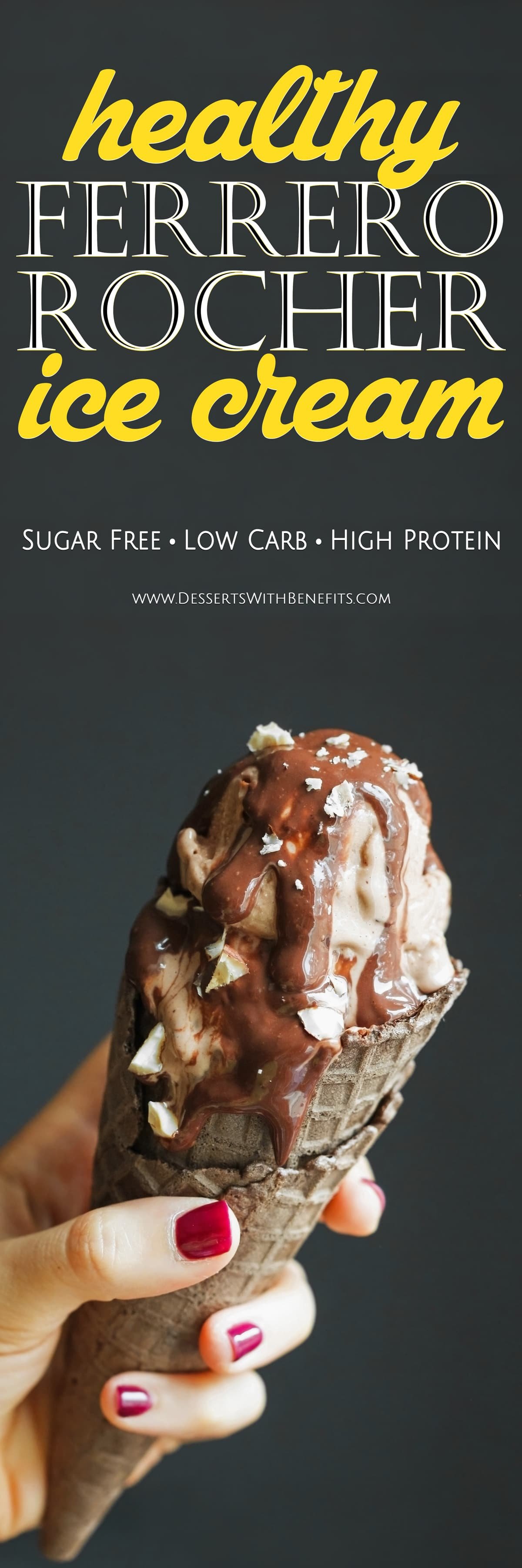 This Healthy Ferrero Rocher Ice Cream is so creamy, sweet, chocolatey, and hazelnutty, you’ll fall in love! It’s studded with chopped hazelnuts for that classic Ferrero Rocher flavor without the added sugar and artificial ingredients. This ice cream sure doesn't taste sugar free, low carb, high protein, and gluten free! -- Healthy Dessert Recipes with low calorie, low fat, gluten free, dairy free, and vegan options at the Desserts With Benefits Blog (www.DessertsWithBenefits.com)