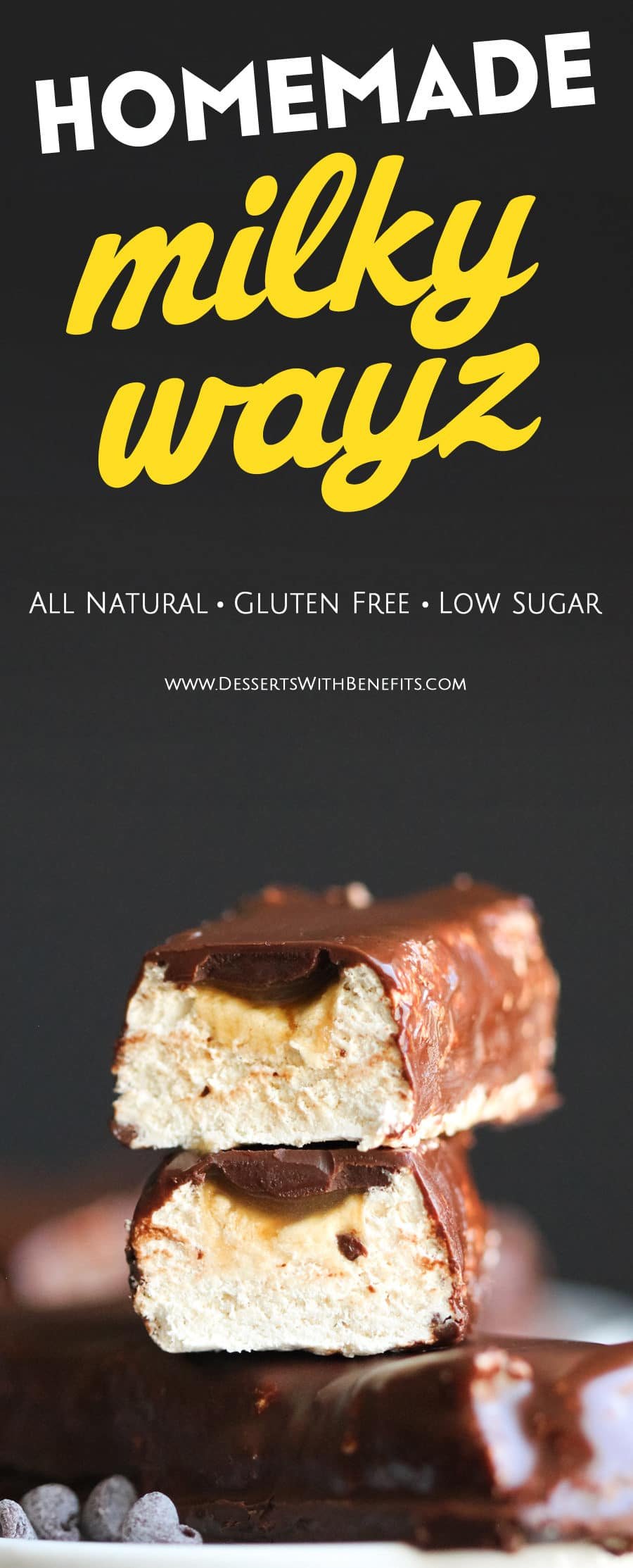 Homemade Milky Wayz! What's your vice? Snickers, Peanut Butter Cups, Peppermint Patties? We all know candy is bad for us (high-fructose corn syrup, trans fats, artificial ingredients), so I made these Healthy Homemade Milky Wayz Candy Bars! Made all natural, refined sugar free, and gluten free, you can indulge guilt-free! Healthy Dessert Recipes at the Desserts With Benefits Blog (www.DessertsWithBenefits.com)