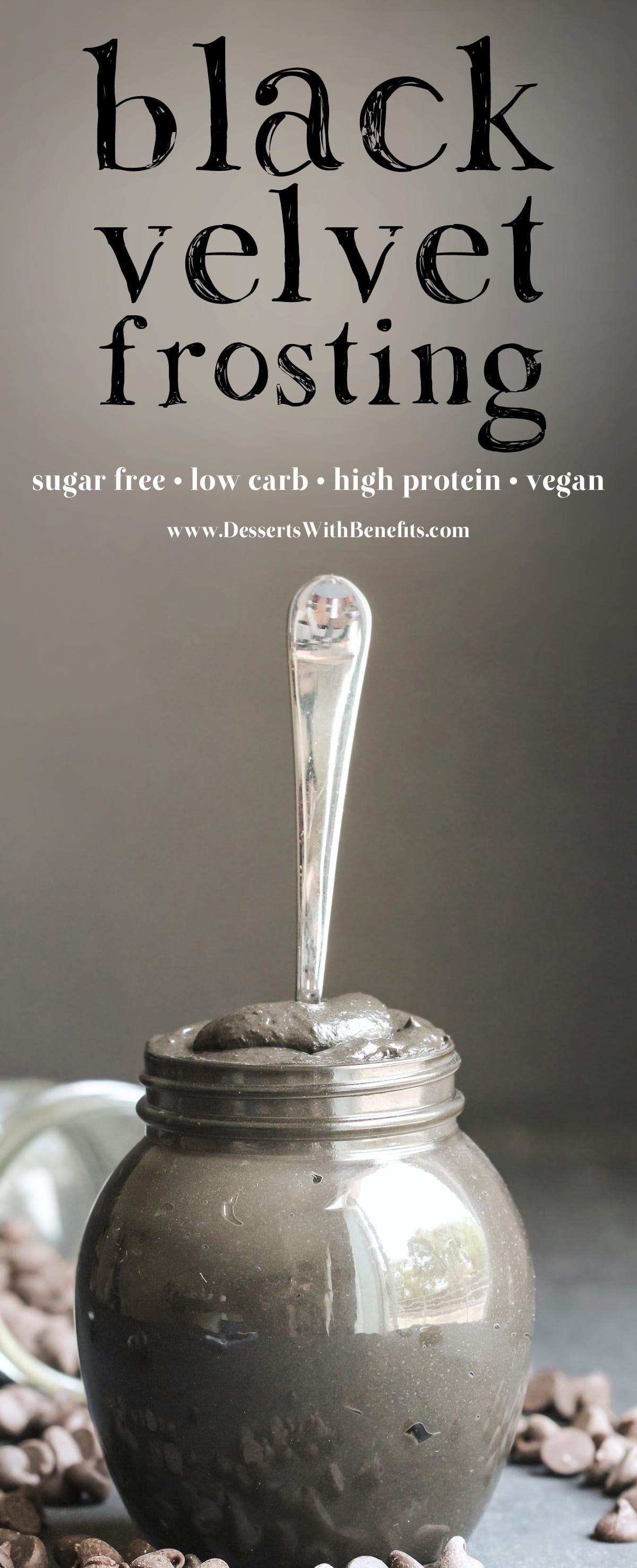 Black Velvet is just like red velvet, only black! This Healthy Black Velvet Frosting is thick, smooth, sweet, and chocolatey. You’d never know it’s all natural, refined sugar free, low carb, high protein, high fiber, gluten free, dairy free, AND vegan. Can you guess the secret ingredient? Healthy Dessert Recipes at the Desserts With Benefits Blog (www.DessertsWithBenefits.com)