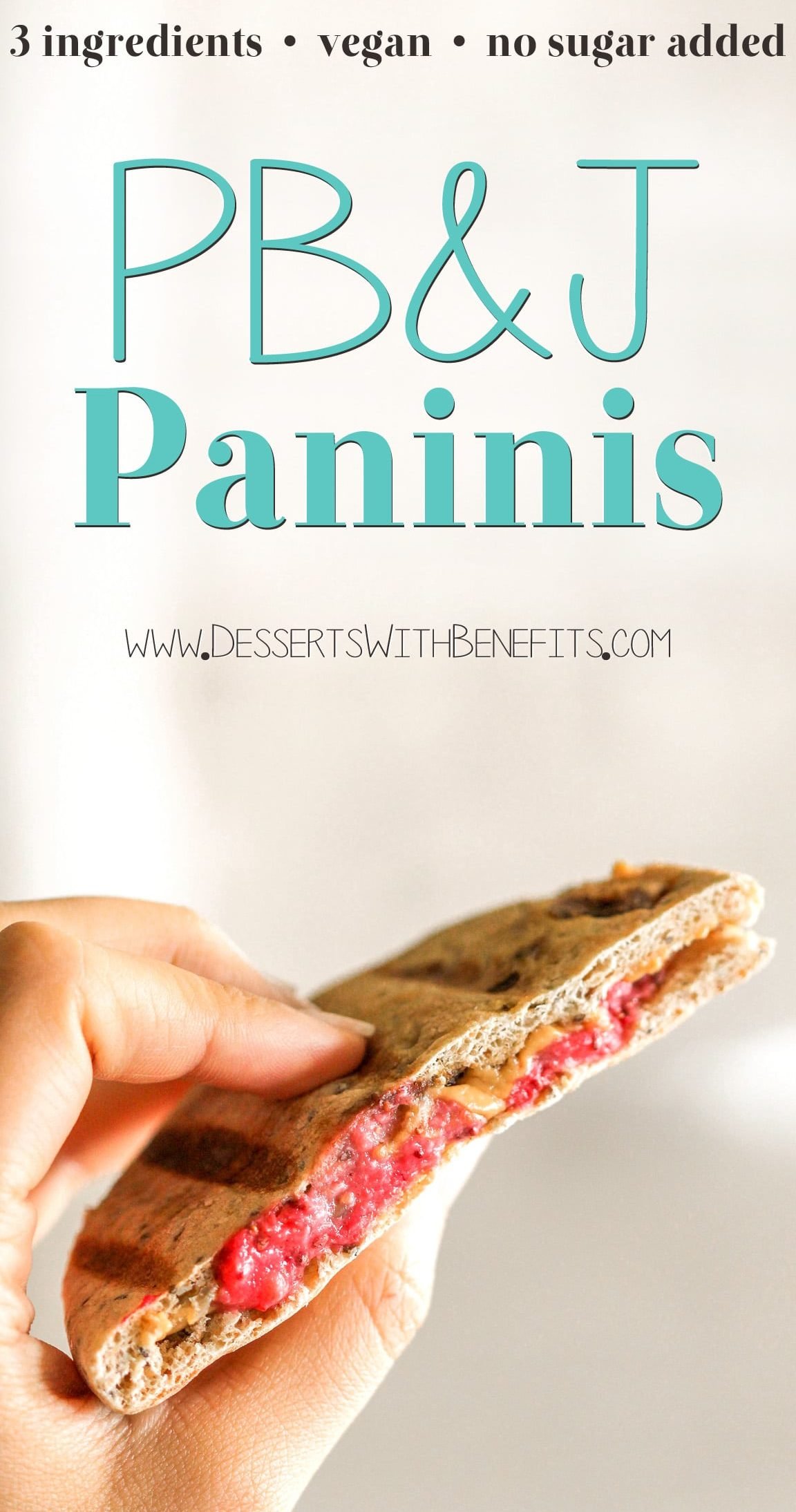Step up your PB&J game with these 3-ingredient Healthy Peanut Butter & Jelly Paninis! Plus a recipe for Strawberry Chia Seed Spread. Your favorite childhood sandwich has been revamped to be not only healthier (vegan with no sugar added), but crisp on the outside, soft on the inside, providing comfort with every bite. Healthy Dessert Recipes with sugar free, low calorie, low fat, low carb, high protein, gluten free, dairy free, vegan, and raw options at the Desserts With Benefits Blog (www.DessertsWithBenefits.com)