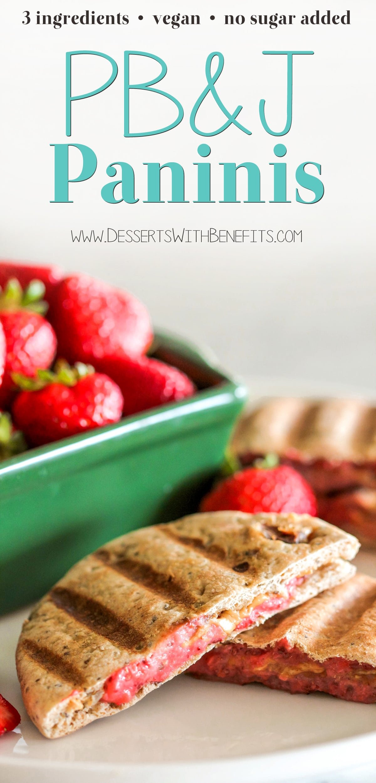 Step up your PB&J game with these 3-ingredient Healthy Peanut Butter & Jelly Paninis! Plus a recipe for Strawberry Chia Seed Spread. Your favorite childhood sandwich has been revamped to be not only healthier (vegan with no sugar added), but crisp on the outside, soft on the inside, providing comfort with every bite. Healthy Dessert Recipes with sugar free, low calorie, low fat, low carb, high protein, gluten free, dairy free, vegan, and raw options at the Desserts With Benefits Blog (www.DessertsWithBenefits.com)