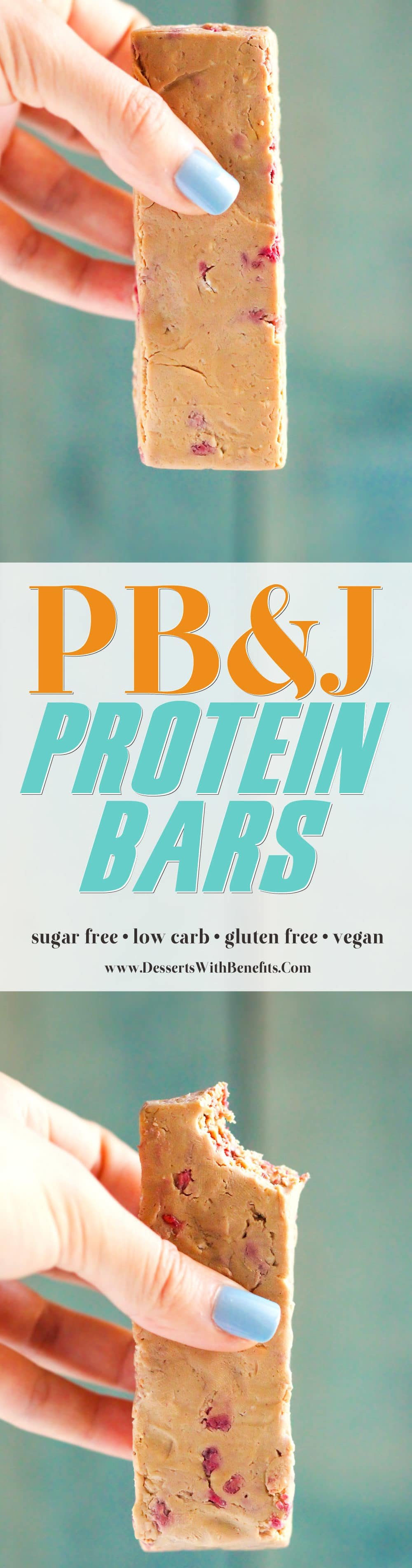 These easy, no-bake Healthy Peanut Butter & Jelly DIY Protein Bars are not only fudgy, sweet, and delicious, but sugar free, gluten free, and vegan too! Healthy Dessert Recipes with sugar free, low calorie, low fat, low carb, high protein, gluten free, dairy free, vegan, and raw options at the Desserts With Benefits Blog (www.DessertsWithBenefits.com)