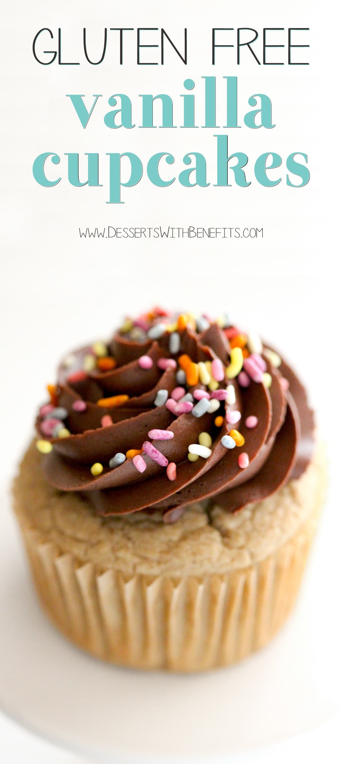These Healthy Gluten-Free Vanilla Cupcakes will restore your faith in gluten-free baked goods! They're soft, fluffy, moist, and sweet with comforting tones of vanilla bean in every bite. You’d never know these are sugar free, low fat, gluten free, and just 90 calories per cupcake! Healthy Dessert Recipes with sugar free, low calorie, low fat, low carb, high protein, gluten free, dairy free, vegan, and raw options at the Desserts With Benefits Blog (www.DessertsWithBenefits.com)