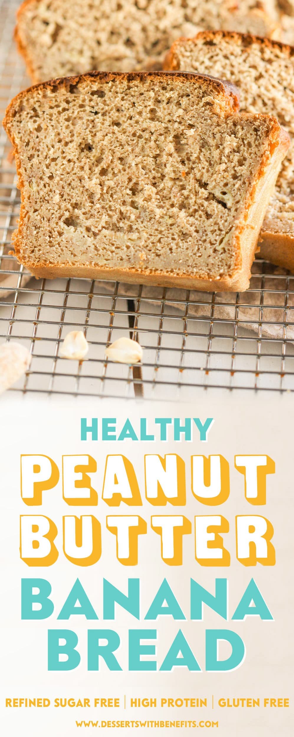 This is the BEST Healthy Peanut Butter Banana Bread EVER! It’s so rich, moist, and flavorful, one bite and you'll wonder how there’s no butter and no sugar added. Yes, this bread is refined sugar free, gluten free, AND high protein! Healthy Dessert Recipes with low calorie, low fat, low carb, gluten free, dairy free, vegan, and raw options at the Desserts With Benefits Blog (www.DessertsWithBenefits.com)