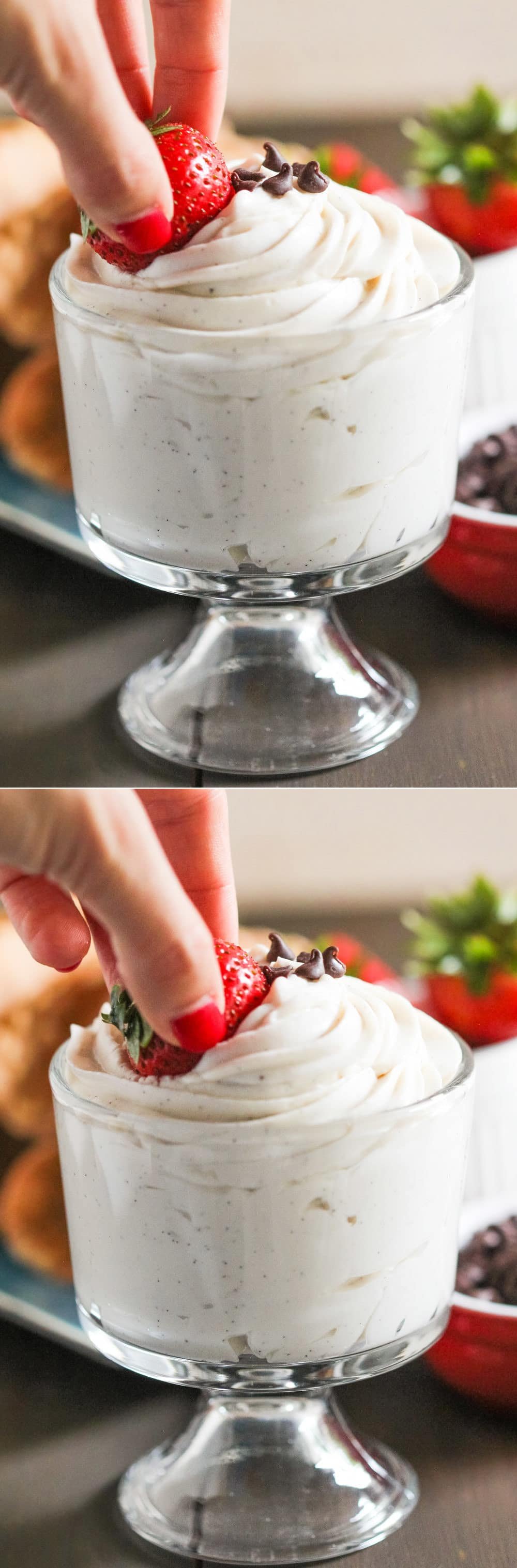 Super easy HEALTHY Cannoli Dip! Get all the flavor of that rich and creamy cannoli filling with this sweet and satisfying dip. Serve with graham crackers, animal crackers, strawberries, sliced bananas, or spoons alone. You’d never know this is sugar free, low carb, low fat, high protein, and gluten free! Healthy Dessert Recipes at the Desserts With Benefits Blog (www.DessertsWithBenefits.com)