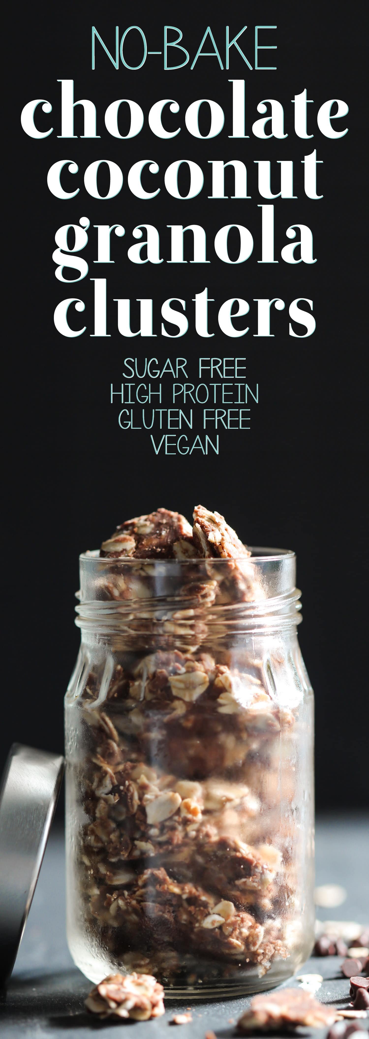 Healthy Chocolate Coconut Granola Clusters: bite-sized flavor bombs that won't crumble everywhere like regular granola. Enjoy granola MESS FREE! This easy recipe is no-bake, sugar free, high protein, gluten free, dairy free, and vegan. With less calories and more protein and fiber than storebought granola. Healthy Dessert Recipes at the Desserts With Benefits Blog (www.DessertsWithBenefits.com)