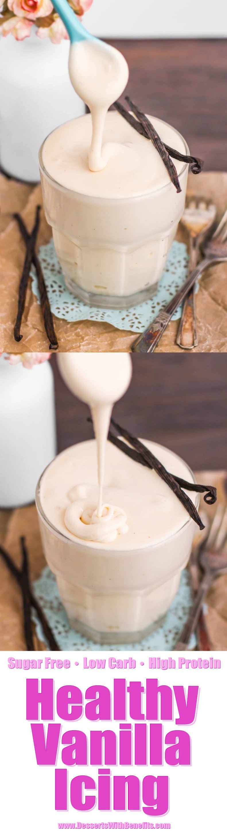 These Vanilla Protein Icing and Vanilla Protein Frosting recipes are perfect for EVERYTHING. They're sweet, simple, and delicious, but without the white sugar, butter, hydrogenated shortening (dangerous trans fats), and artificial flavorings. Just as good as the original, but made actually good for you! It’s hard to believe these are sugar free, low carb, low fat, high protein, and gluten free!