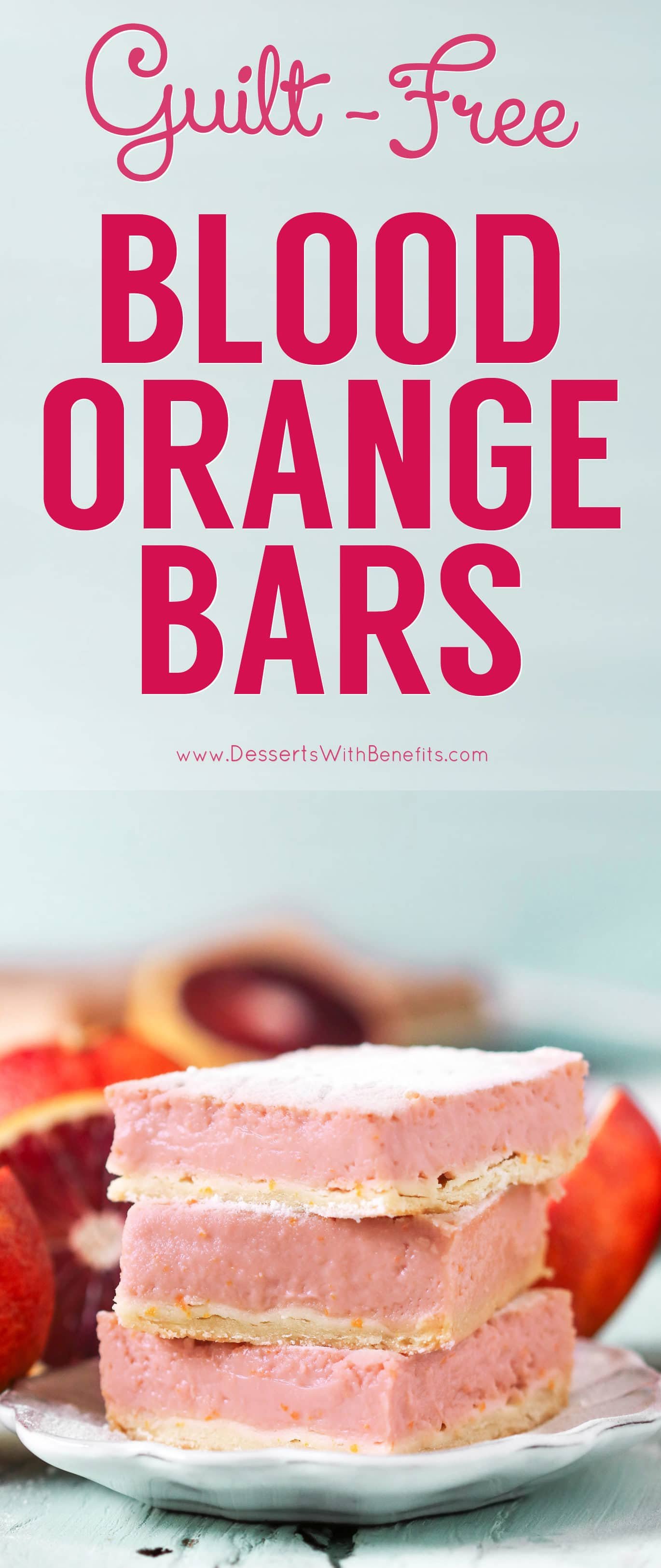 These Blood Orange Bars are perfectly sweet, tart, refreshing, and delicious, you'd never know they're guilt-free! Lower calorie and lower fat than the original, and made without any added butter, oil, or sugar. If you like Lemon Bars, you'll love this recipe! Healthy dessert recipes at the Desserts With Benefits Blog (www.DessertsWithBenefits.com)
