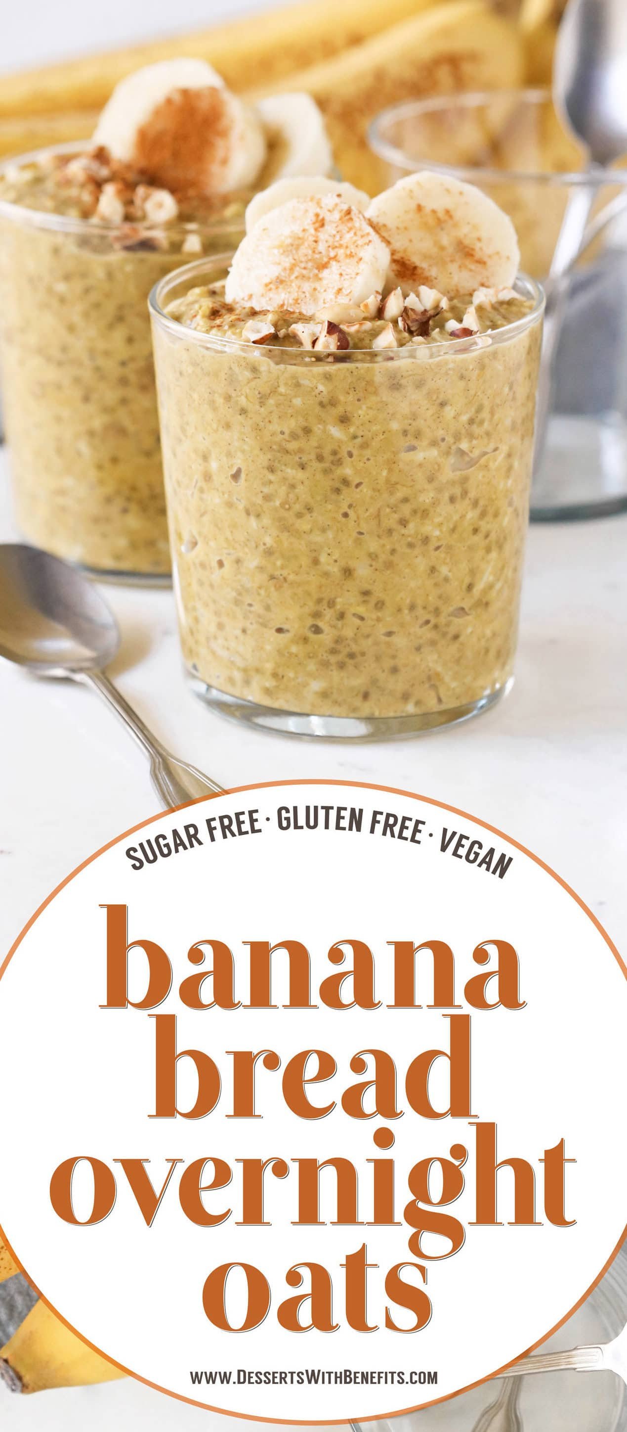 These Healthy Banana Bread Overnight Dessert Oats have all the flavor of Banana Bread but in oatmeal form, and without the butter, oil, and white sugar! This banana oatmeal is thick, sweet, and filling, and it's refined sugar free, low fat, high fiber, gluten free, dairy free, and vegan too!