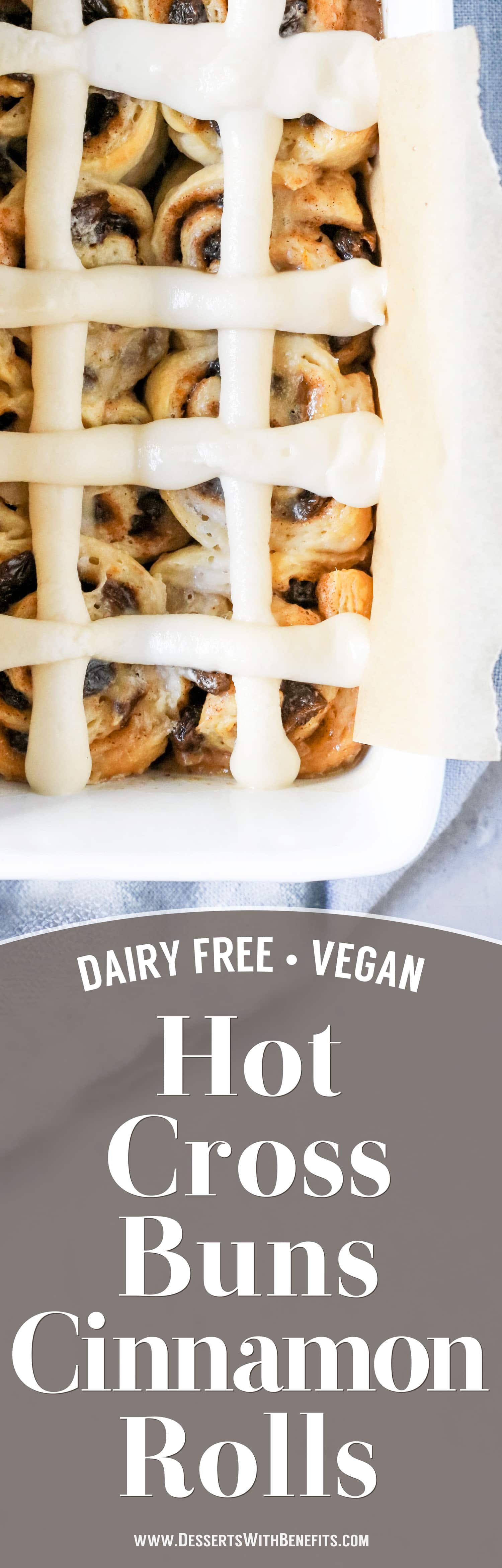 These Hot Cross Buns Cinnamon Rolls are like traditional Hot Cross Buns but BETTER! They're fluffy, sweeter than the original, and spiced with cinnamon and nutmeg. One bite and you'll have a hard time believing they're dairy free and vegan with no sugar added.