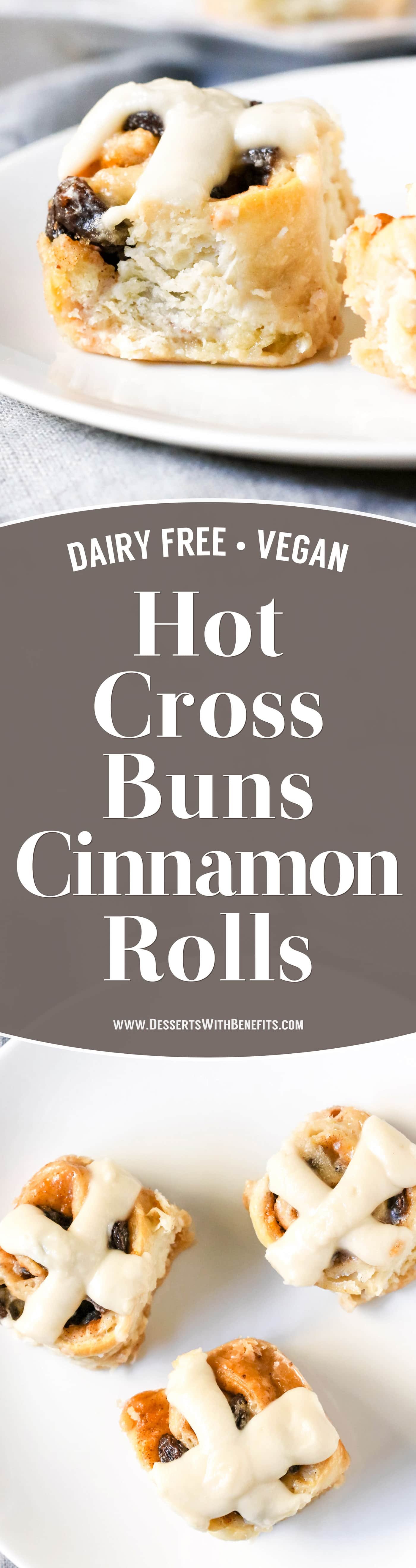 These Hot Cross Buns Cinnamon Rolls are like traditional Hot Cross Buns but BETTER! They're fluffy, sweeter than the original, and spiced with cinnamon and nutmeg. One bite and you'll have a hard time believing they're dairy free and vegan with no sugar added.