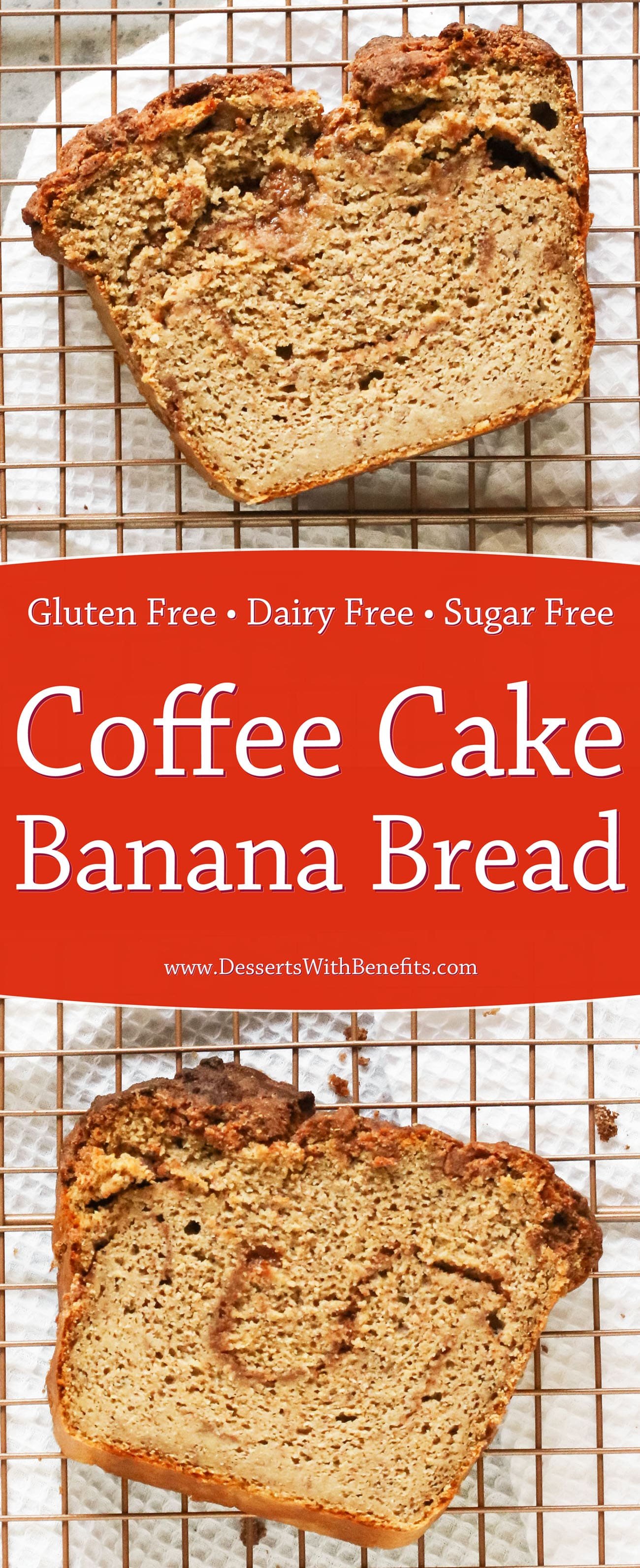 This super moist Coffee Cake Banana Bread is two classic breakfast treats mixed into one, and made healthy, high protein, high fiber, gluten free, dairy free, and sugar free too!