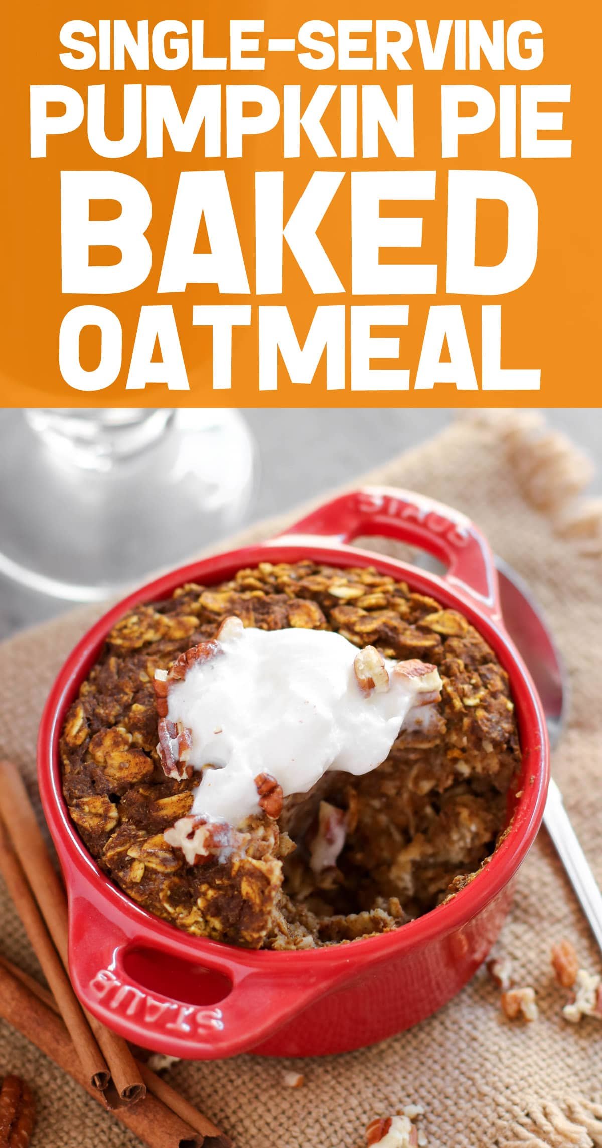 This super easy Healthy Single-Serving Pumpkin Pie Baked Oatmeal recipe is 100% whole grain, gluten free, and vegan, with no added sugar. It's dense, hearty, and filling, just like all baked oatmeal should be, and it's also packed full of pumpkin pie flavor, thanks to the canned pumpkin puree and pumpkin pie spice! #glutenfree #vegan #glutenfreevegan #pumpkinpie #bakedoatmeal #sugarfree #healthybreakfast #pumpkinpuree #pumpkinspice