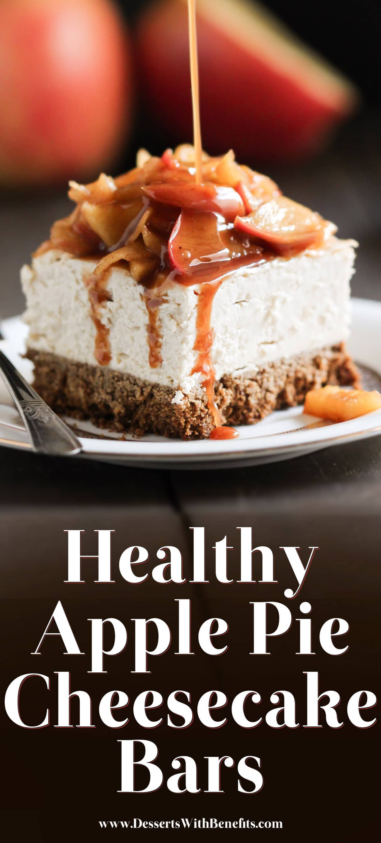 Craving both Apple Pie AND Cheesecake? Make these healthy Apple Pie Cheesecake Bars! They're rich and decadent yet light and creamy. You'd never know they're refined sugar free, gluten free, and high protein too! Made low fat and low sugar by using light cream cheese, pure maple syrup, and organic stevia extract. Top with a scoop of healthy homemade Vanilla Ice Cream and you're in for a real treat! #glutenfree #highprotein #sugarfree #healthydessert #healthycheesecake #proteincheesecake