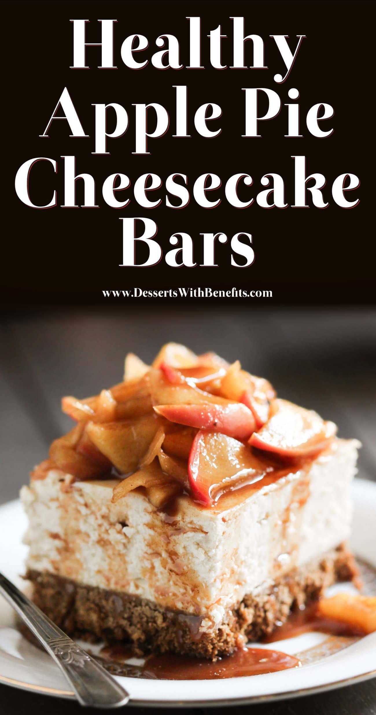 Craving both Apple Pie AND Cheesecake? Make these healthy Apple Pie Cheesecake Bars! They're rich and decadent yet light and creamy. You'd never know they're refined sugar free, gluten free, and high protein too! Made low fat and low sugar by using light cream cheese, pure maple syrup, and organic stevia extract. Top with a scoop of healthy homemade Vanilla Ice Cream and you're in for a real treat! #glutenfree #highprotein #sugarfree #healthydessert #healthycheesecake #proteincheesecake