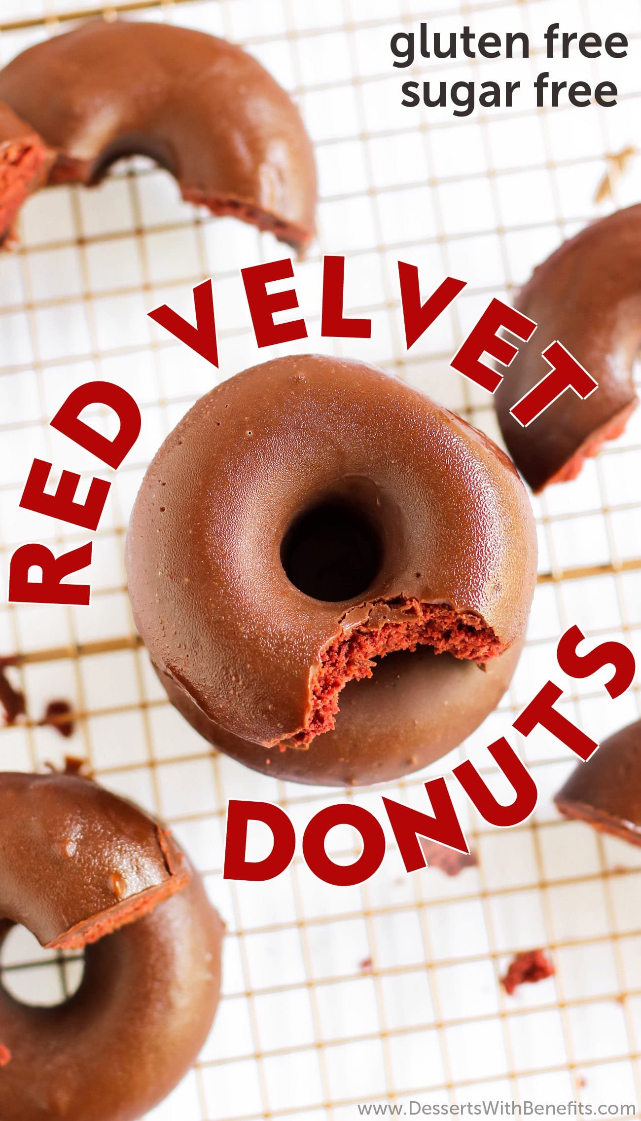 Red Velvet Cake + Donuts = Red Velvet Cake Donuts! They're sweet, moist, and ultra fluffy, they don't taste low calorie, low fat, sugar free, or gluten free at all, yet they are! They're ALL NATURAL and made without any artificial food coloring whatsoever! Can you guess the secret ingredient that makes these Red Velvet Donuts red? #glutenfreedonuts #glutenfreedessert #redvelvet #redvelvetcake #sugarfree #wholegrain #lowfat #lowcalorie #dairyfree