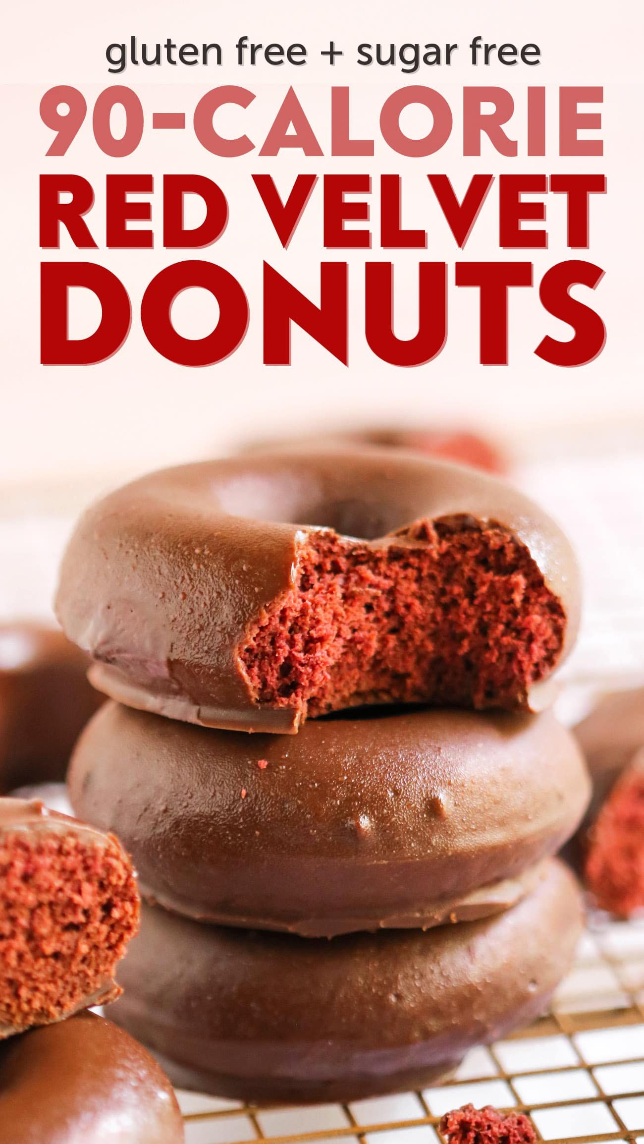 Red Velvet Cake + Donuts = Red Velvet Cake Donuts! They're sweet, moist, and ultra fluffy, they don't taste low calorie, low fat, sugar free, or gluten free at all, yet they are! They're ALL NATURAL and made without any artificial food coloring whatsoever! Can you guess the secret ingredient that makes these Red Velvet Donuts red? #glutenfreedonuts #glutenfreedessert #redvelvet #redvelvetcake #sugarfree #wholegrain #lowfat #lowcalorie #dairyfree