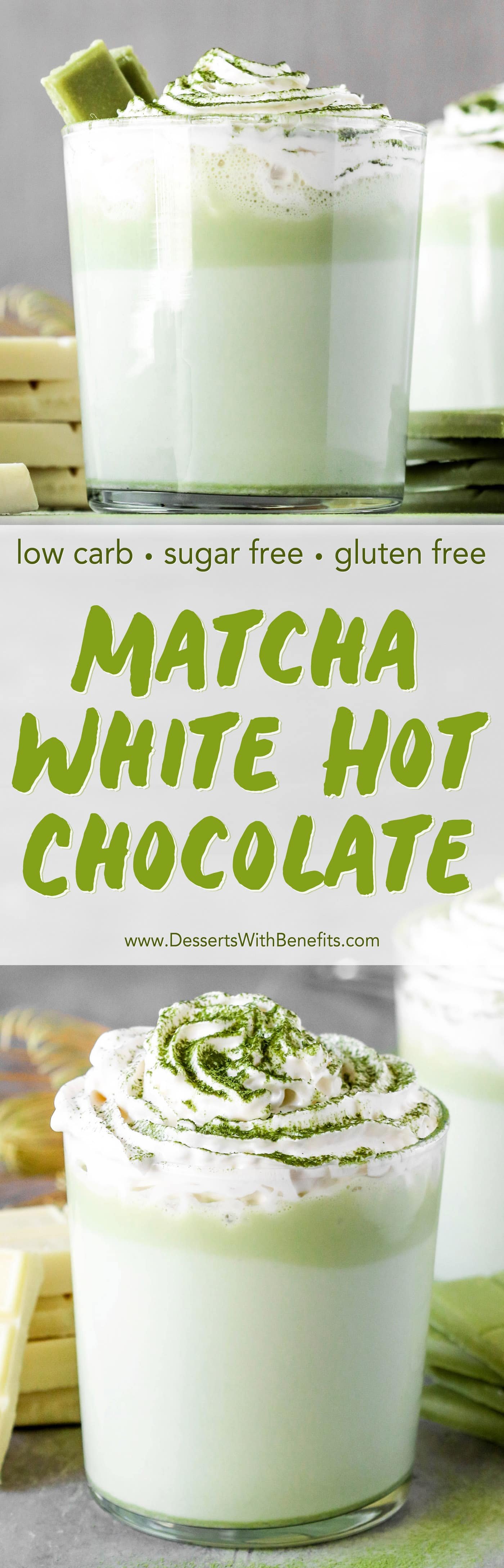Swap out regular Hot Chocolate with this unique, fun, and sophisticated Matcha Green Tea White Hot Chocolate -- it'll be your new favorite winter treat. It's sugar free, low carb, and gluten free too! #sugarfree #lowcarb #healthychocolate #hotchocolate #healthydessert #hotchocolaterecipe #glutenfree #matchachocolate #healthymatcharecipes #matchadessert #matchatea