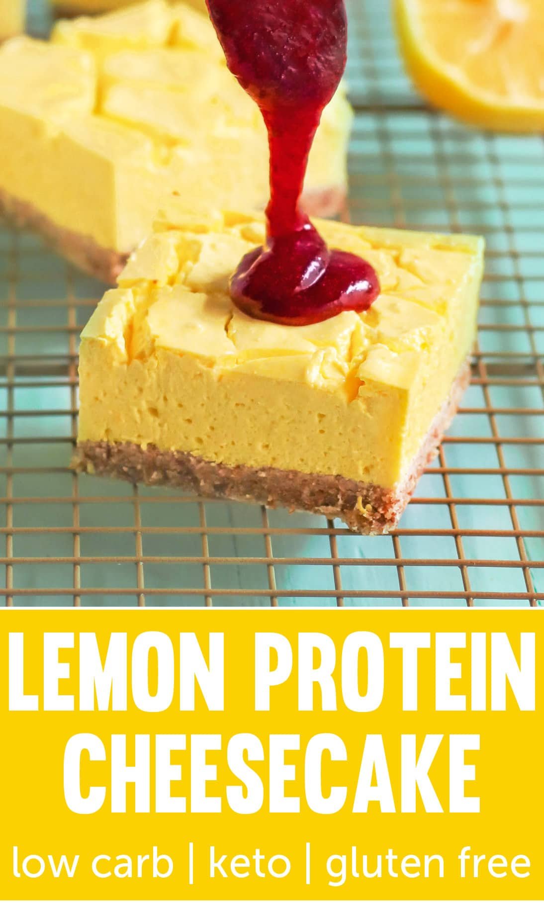 If you like cheesecake but don't want all the extra fat, calories, and sugar, make these Lemon Cheesecake Bars! It's just as rich and tasty as the original, but it's secretly sugar free, low carb, high protein, gluten free, and keto-friendly too!