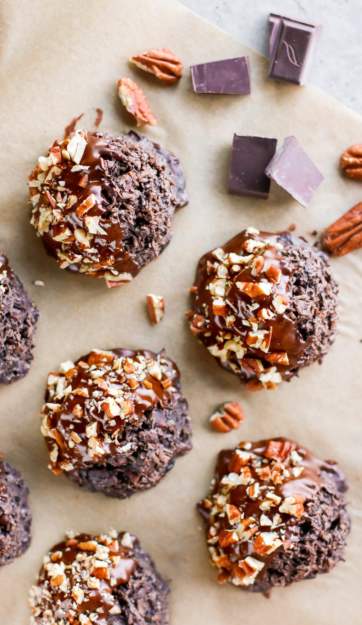 Gluten Free German Chocolate Cake Coconut Macaroons with chocolate, coconut, and pecans.