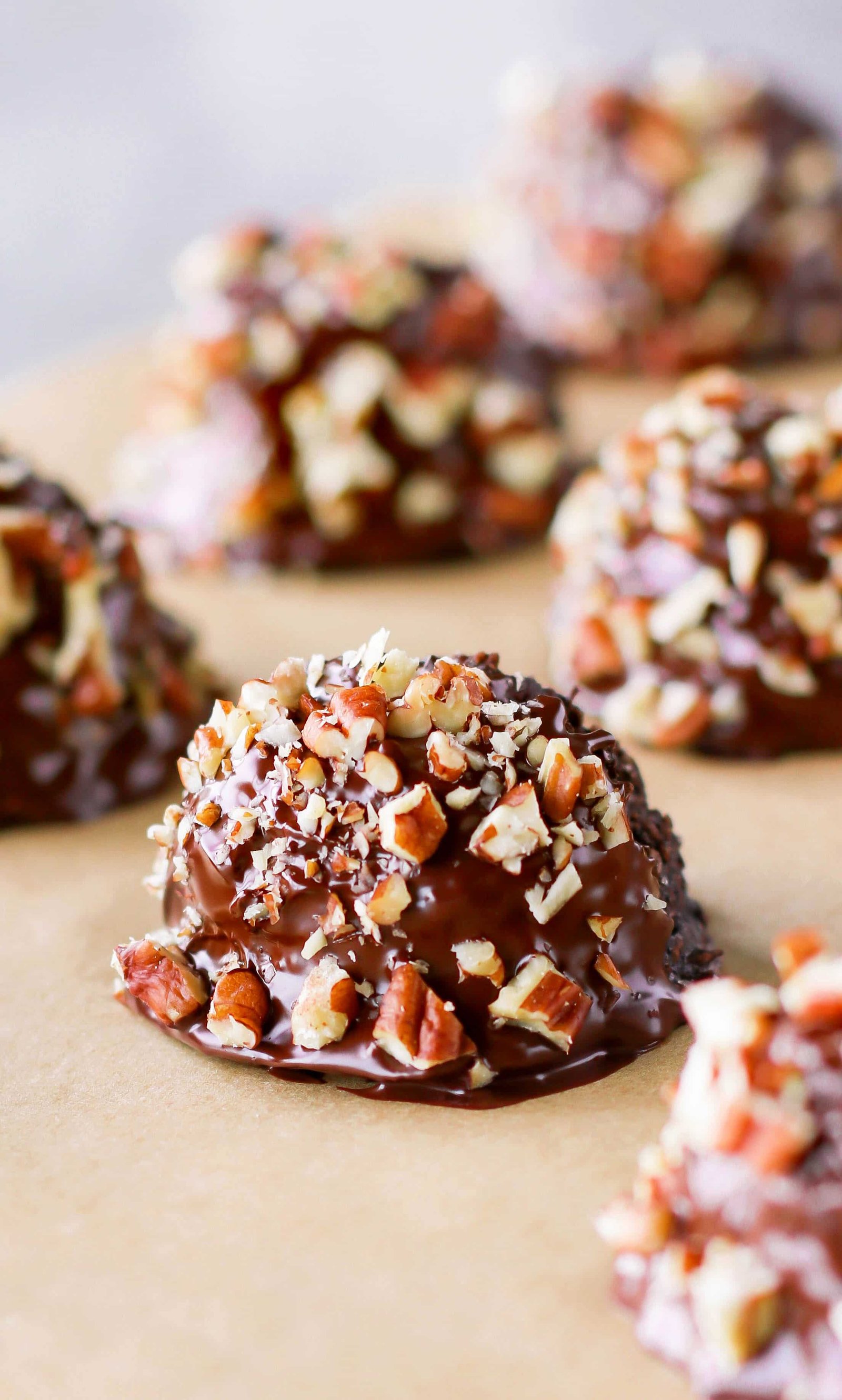 Gluten Free German Chocolate Cake Coconut Macaroons with chocolate, coconut, and pecans.