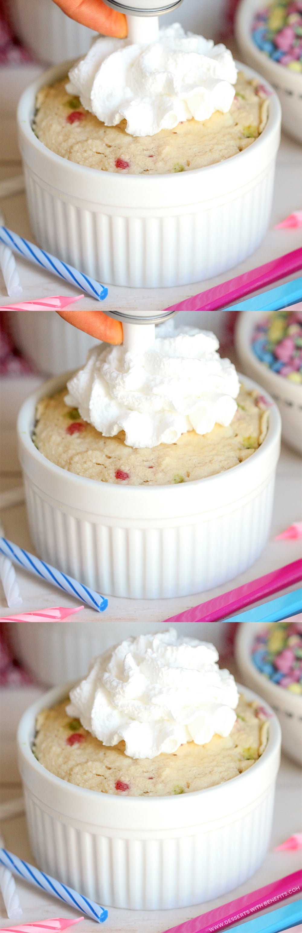 Healthy Single-Serving Funfetti Microwave Cake (all natural, sugar free, low fat, high protein, high fiber and gluten free, with vegan option!) - Healthy Dessert Recipes at Desserts with Benefits