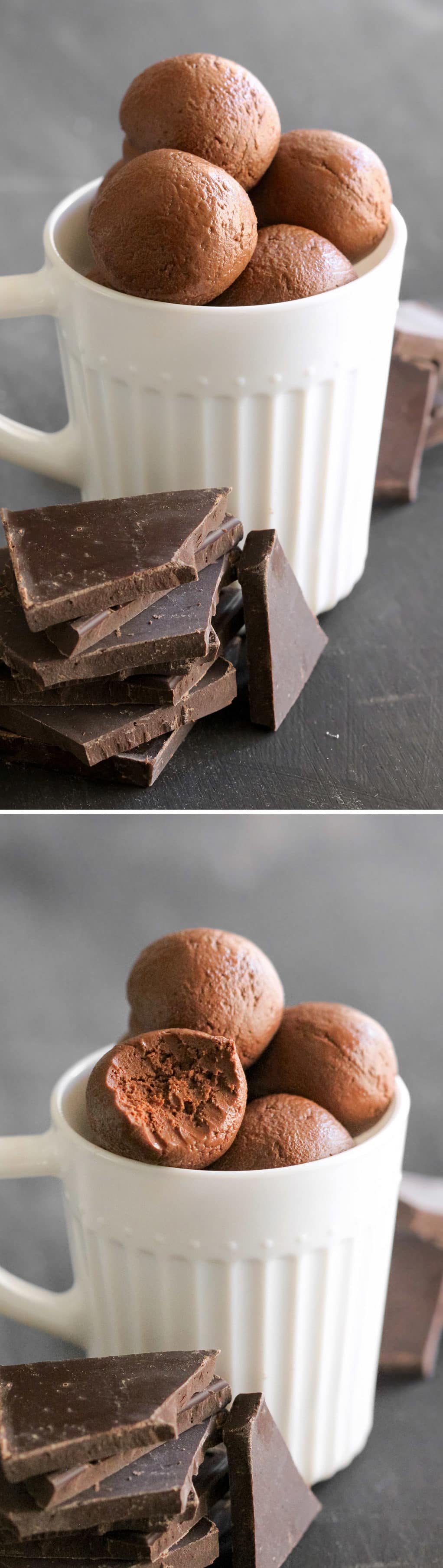 These 50-calorie Healthy Chocolate Fudge Truffles taste like heaven in a bite-sized package! They’re so sweet, chocolatey, and fudgy, you'd never be able to tell they’re low calorie, low carb, sugar free, high protein, dairy free, AND vegan! Healthy Dessert Recipes at the Desserts With Benefits Blog