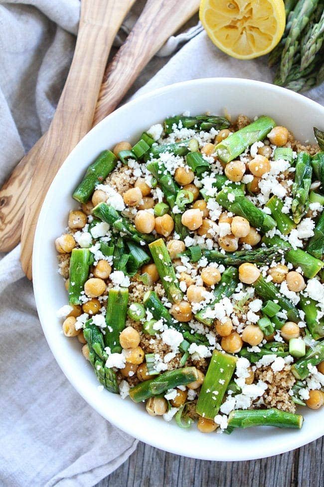 This Asparagus Chickpea Quinoa Salad with feta cheese and a simple lemon vinaigrette is perfect for spring. It can be served as a main dish or side dish. Asparagus Chickpea Quinoa Salad in Bowl