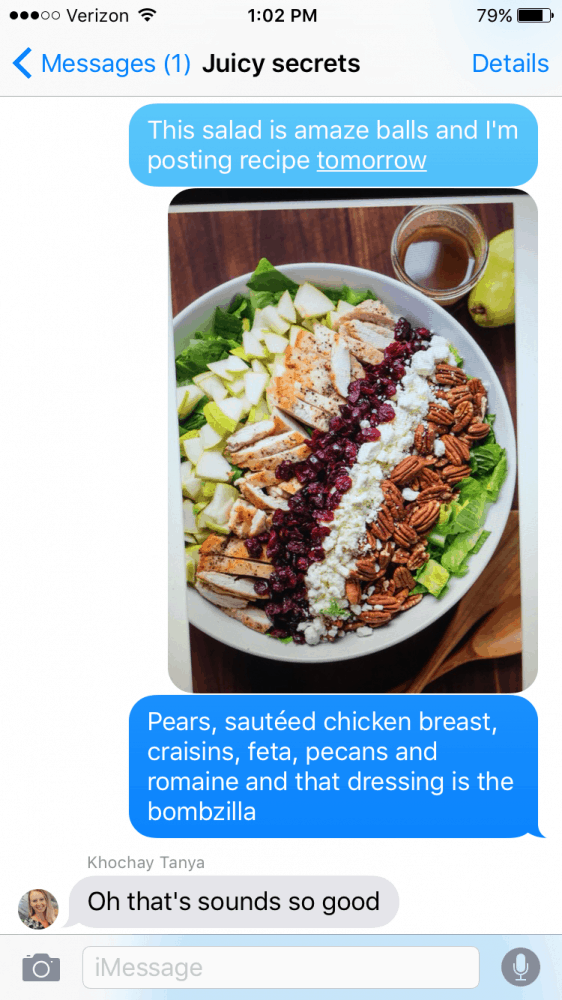 A screenshot of a text conversation about Autumn Chopped Chicken Salad