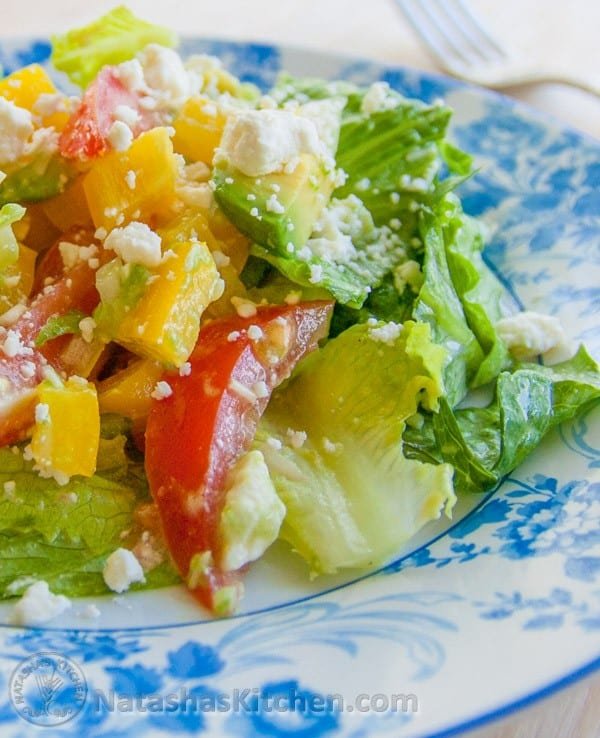 Avocado feta Caesar salad on a plate