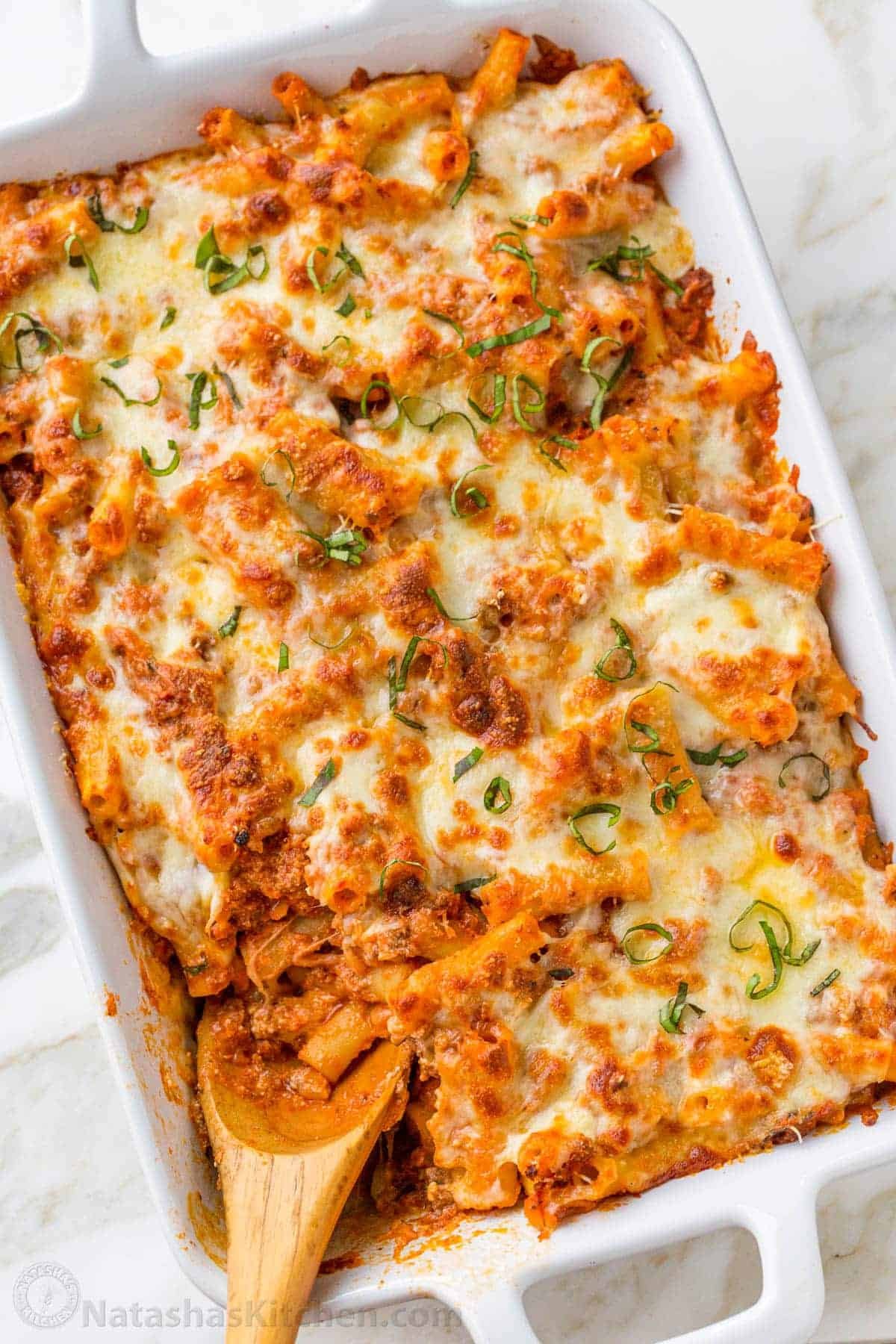 Baked ziti in casserole dish