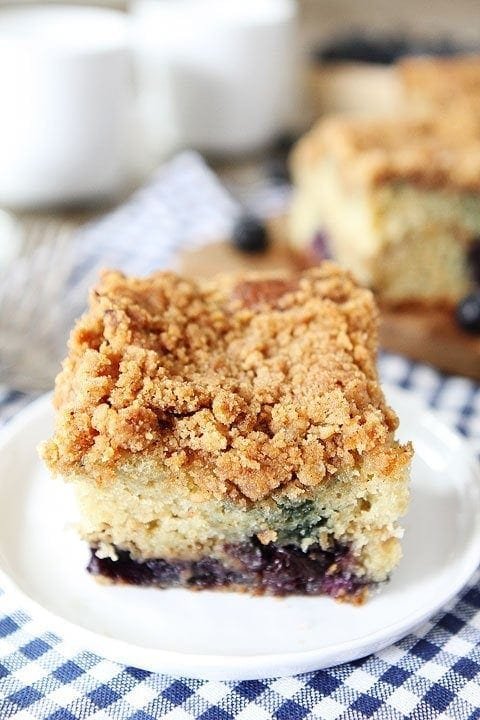 Blueberry Coffee Cake Recipe on twopeasandtheirpod.com. Love the blueberries and streusel topping! This cake is a MUST make! Moist Coffee Cake With Blueberries