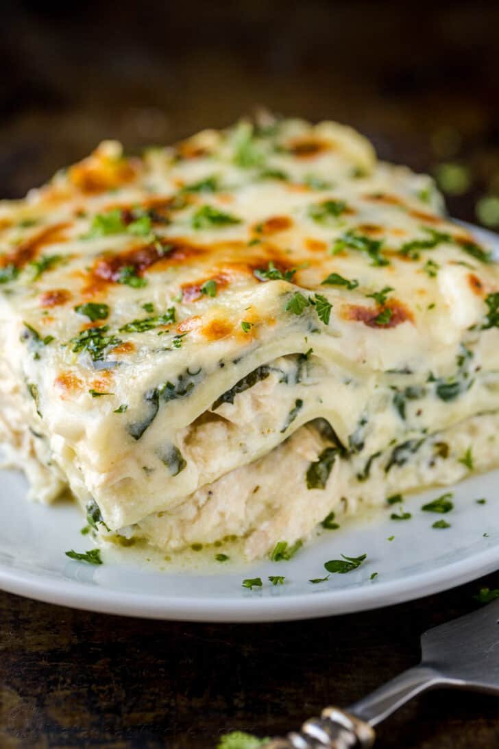 Chicken lasagna slice on a plate