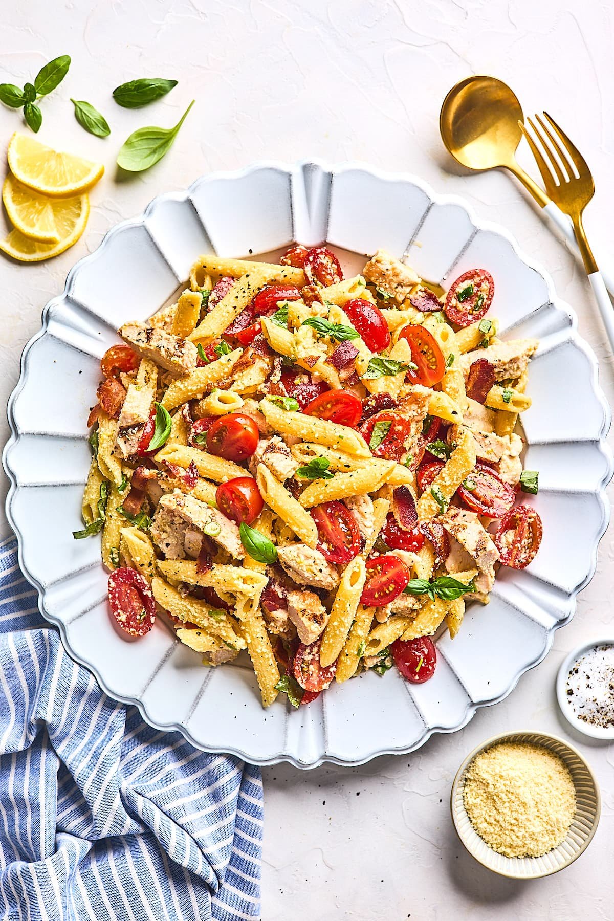 chicken pasta salad on white plate.