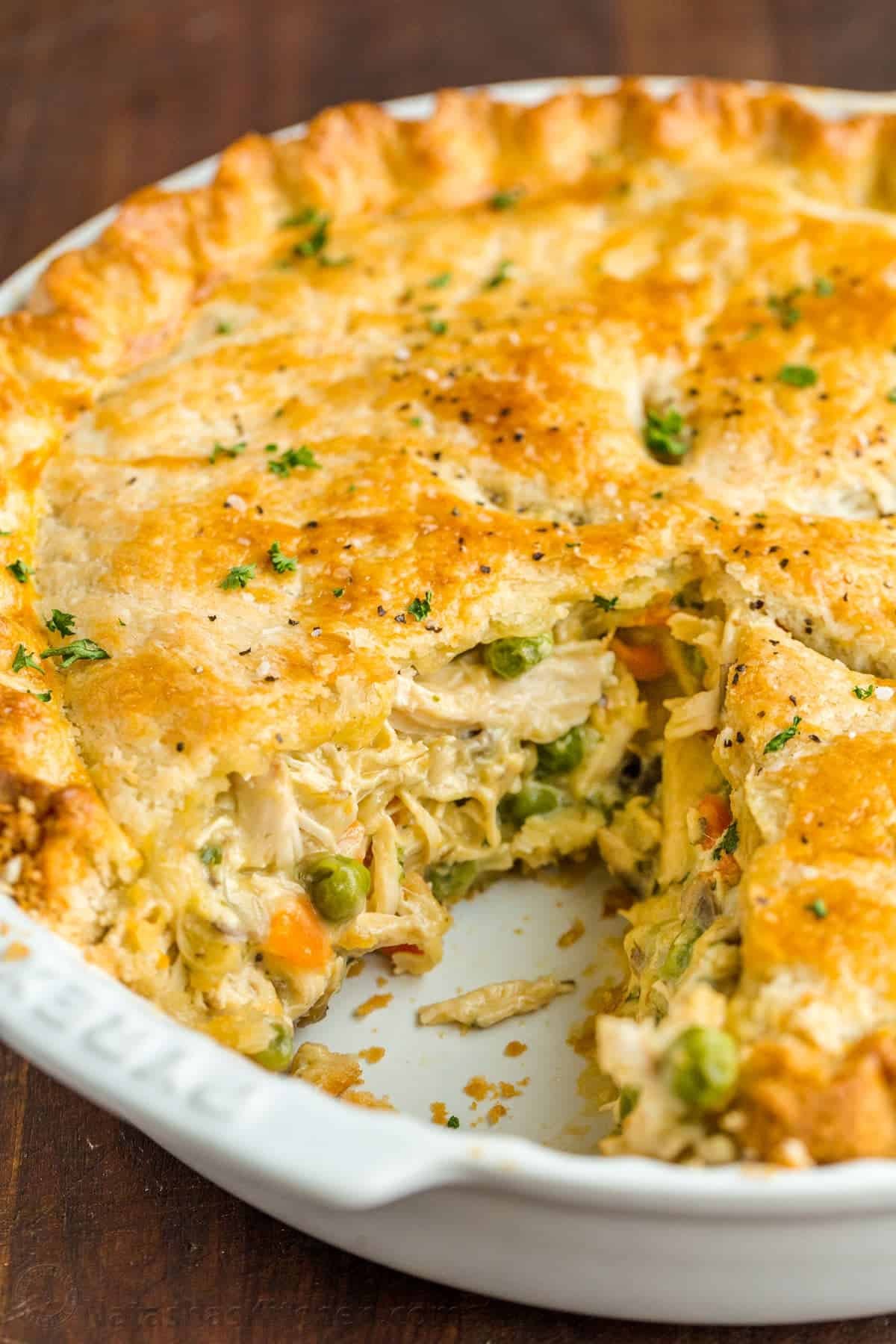 Sliced chicken pot pie with chicken and veggie center