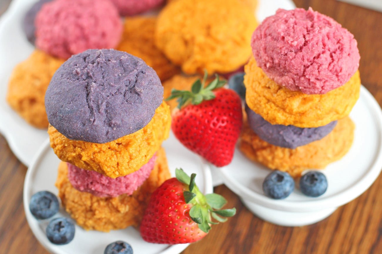 These Healthy Jello Muffin Top Cookies are sweet, fun, colorful, and delicious, you'd never guess that they're sugar free, low fat, gluten free, and vegan!