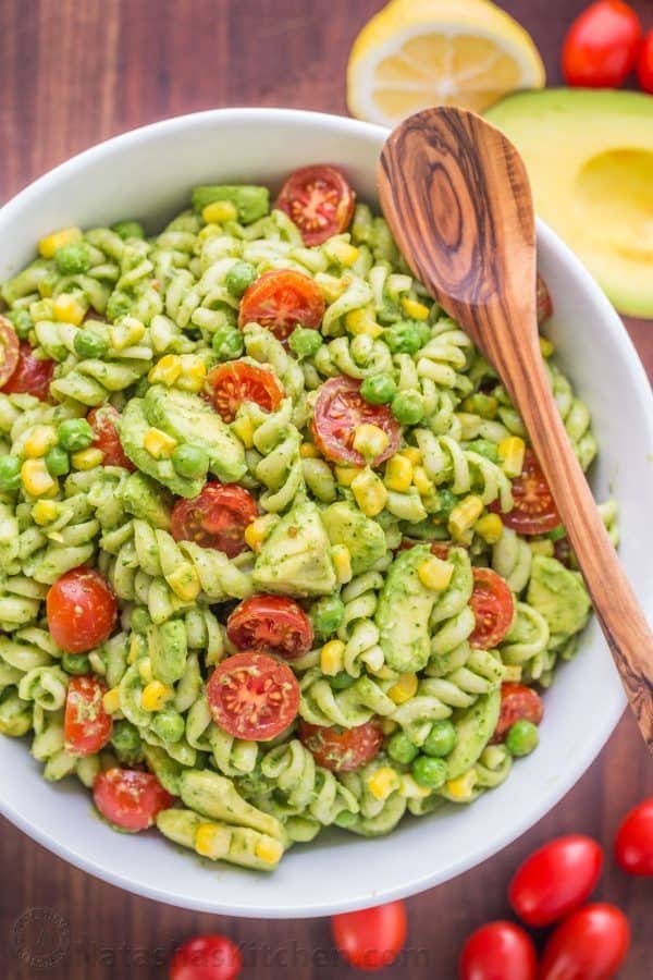 Creamy Avocado Pasta Salad recipe in a bowl, how to serve pasta salad
