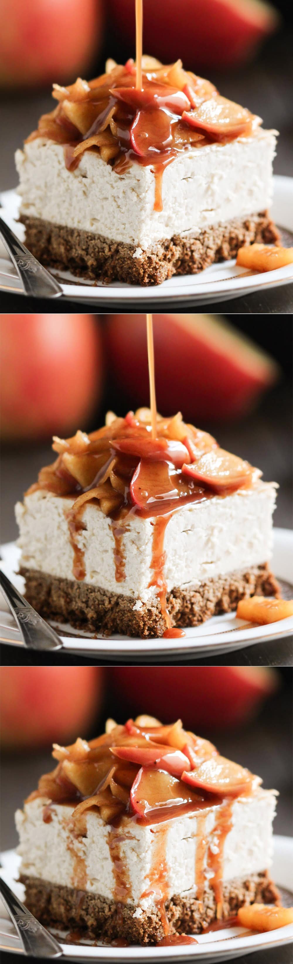 Craving both Apple Pie AND Cheesecake? Make these healthy Apple Pie Cheesecake Bars! They're rich and decadent yet light and creamy. You'd never know they're refined sugar free, gluten free, and high protein too! Made low fat and low sugar by using light cream cheese, pure maple syrup, and organic stevia extract. Top with a scoop of healthy homemade Vanilla Ice Cream and you're in for a real treat! #glutenfree #highprotein #sugarfree #healthydessert #healthycheesecake #proteincheesecake
