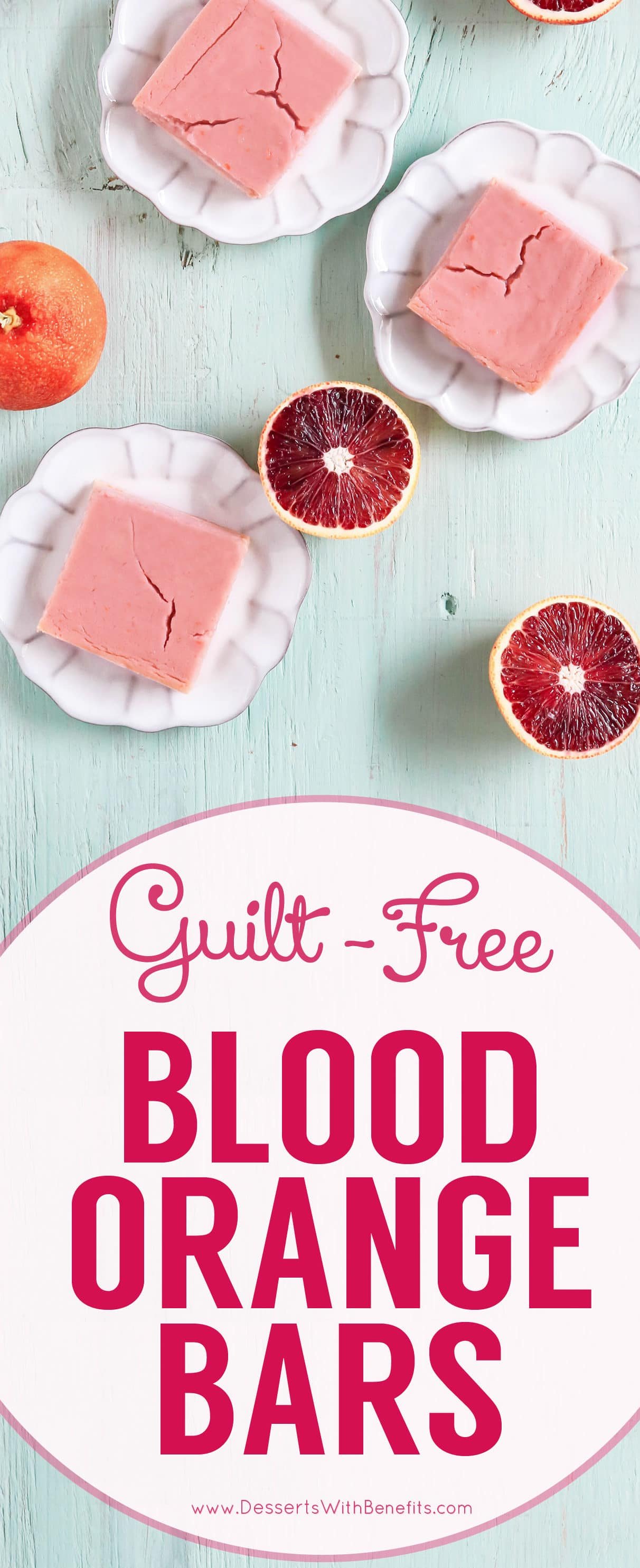These Blood Orange Bars are perfectly sweet, tart, refreshing, and delicious, you'd never know they're guilt-free! Lower calorie and lower fat than the original, and made without any added butter, oil, or sugar. If you like Lemon Bars, you'll love this recipe! Healthy dessert recipes at the Desserts With Benefits Blog (www.DessertsWithBenefits.com)
