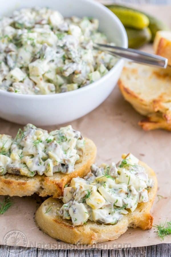 The addition of mushrooms and a flavorful dressing takes this egg salad over the top. Great lunch idea. Easy & Super Tasty! | natashaskitchen.com