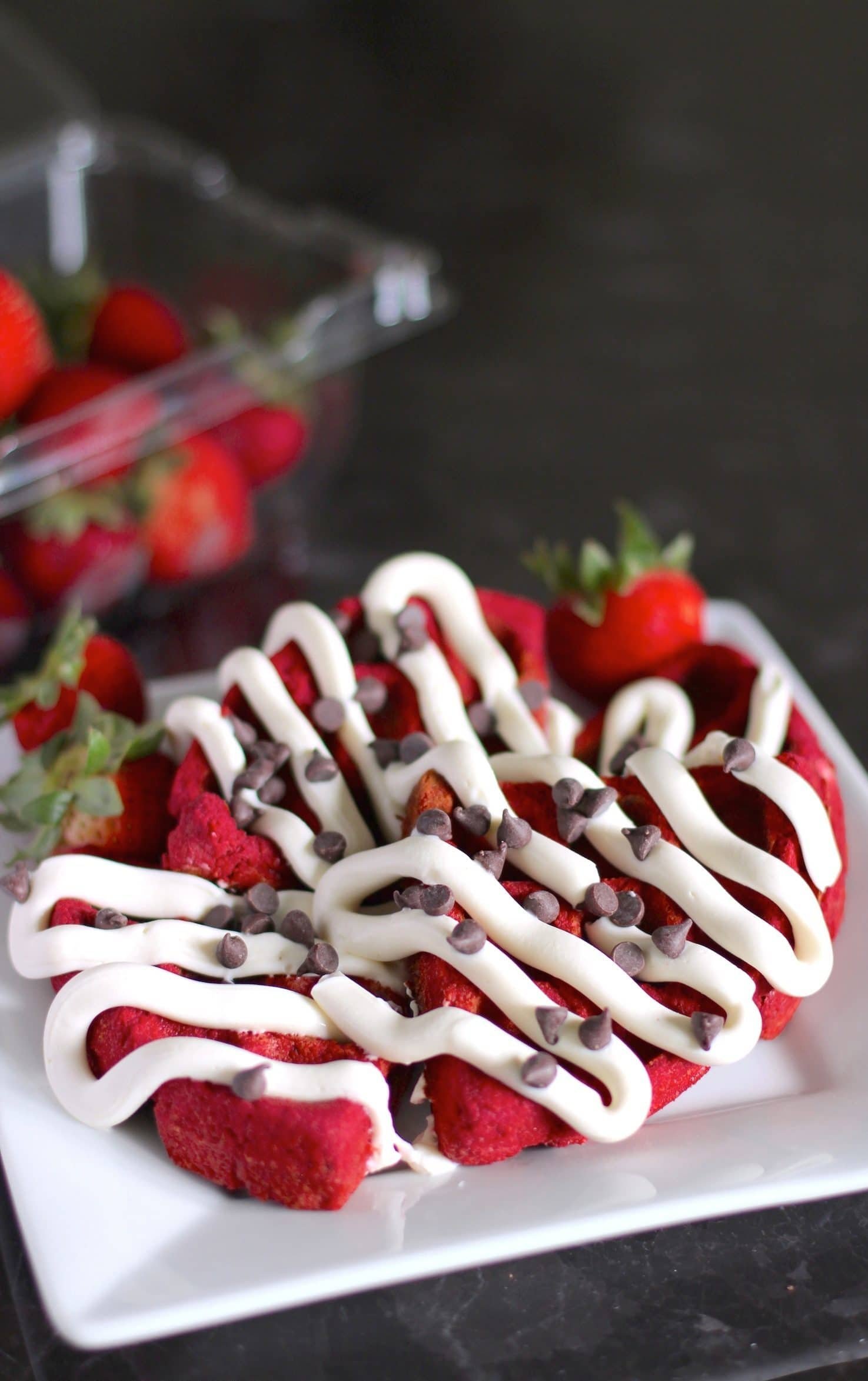 Healthy Low Carb and Gluten Free Red Velvet Waffles with Cream Cheese Frosting (sugar free, low carb, low fat, high fiber, high protein, gluten free) - Healthy Dessert Recipes at Desserts with Benefits