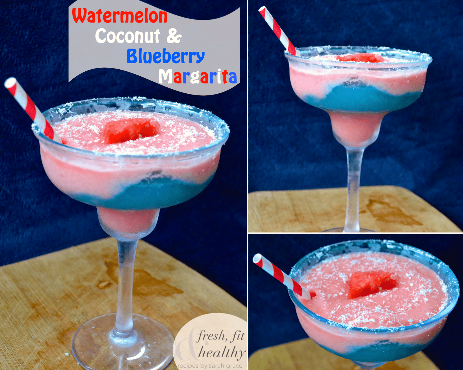 Red White and Blue Margarita for July 4th! Watermelon, Coconut and Blueberry Margarita by Fresh Fit & Healthy - Desserts with Benefits