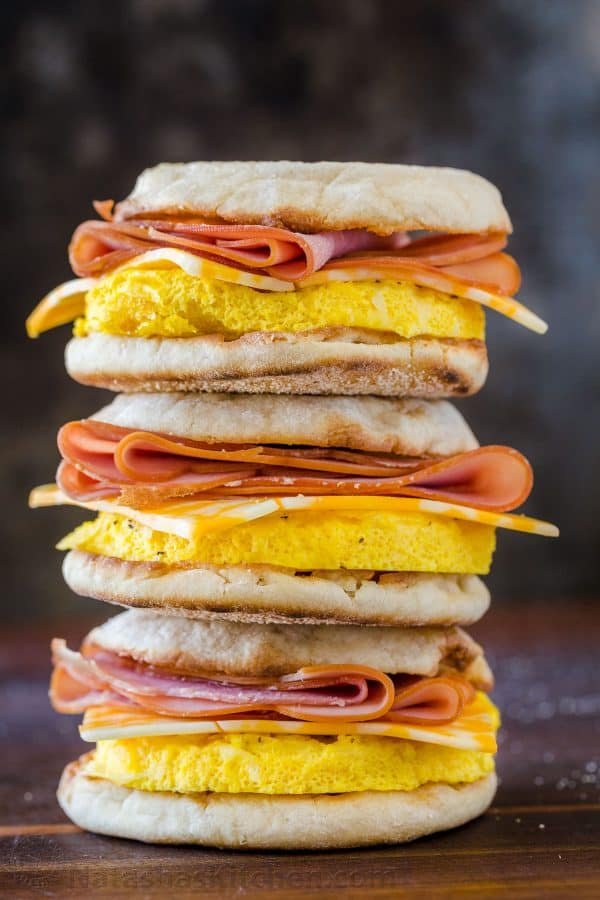 Stack of freezer friendly breakfast sandwiches