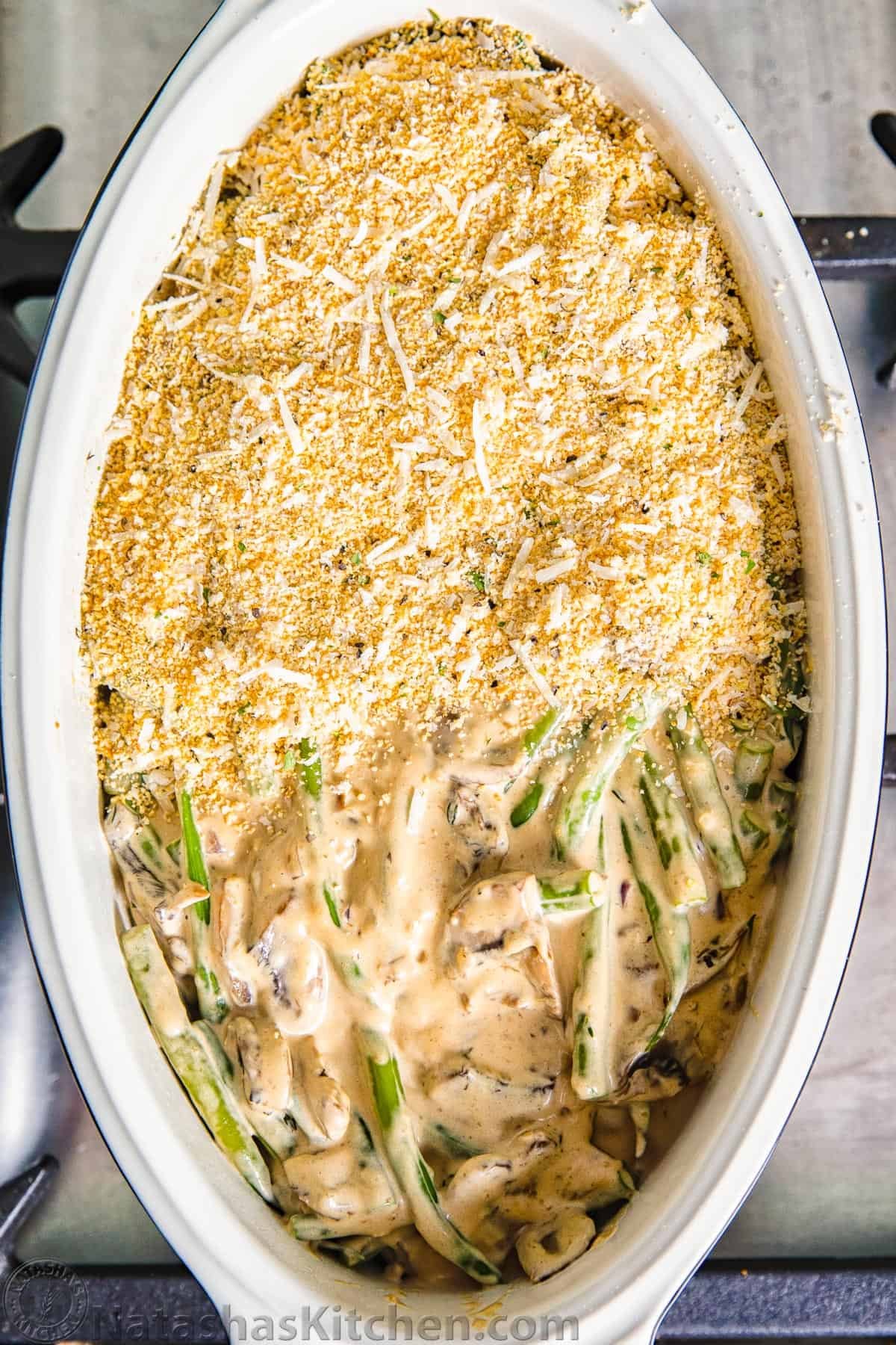 Green Bean Casserole (from scratch), with the best topping. This Thanksgiving side dish uses homemade cream of mushroom soup and it's a make-ahead recipe. #greenbeancasserole #greenbeancasserolefromscratch #healthy #sidedish #homemade Green Bean Casserole before baking