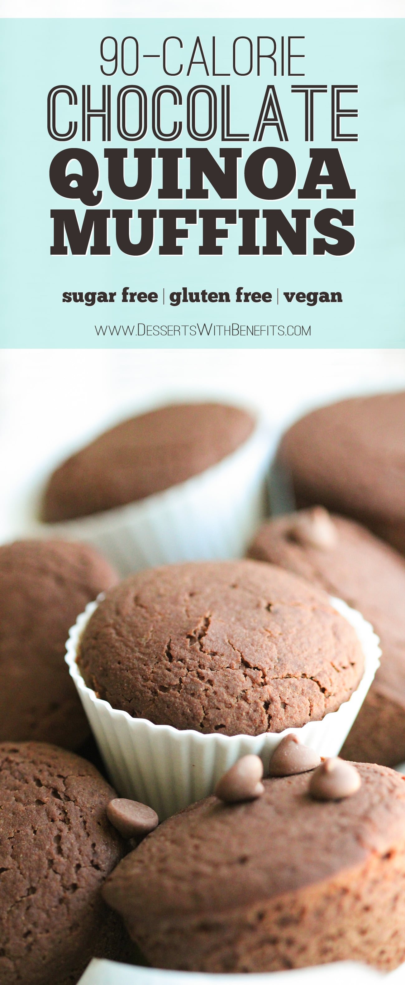 These Healthy Bittersweet Chocolate Quinoa Muffins are super light and fluffy, like cupcakes, but hearty and filling, like muffins. They're the perfect thing for breakfast in the morning along with a cup of coffee. It's hard to believe these are low calorie, low fat, sugar free, gluten free, AND vegan! -- Healthy Dessert Recipes with sugar free, low calorie, low fat, high protein, gluten free, dairy free and vegan options at the Desserts With Benefits Blog (www.DessertsWithBenefits.com)
