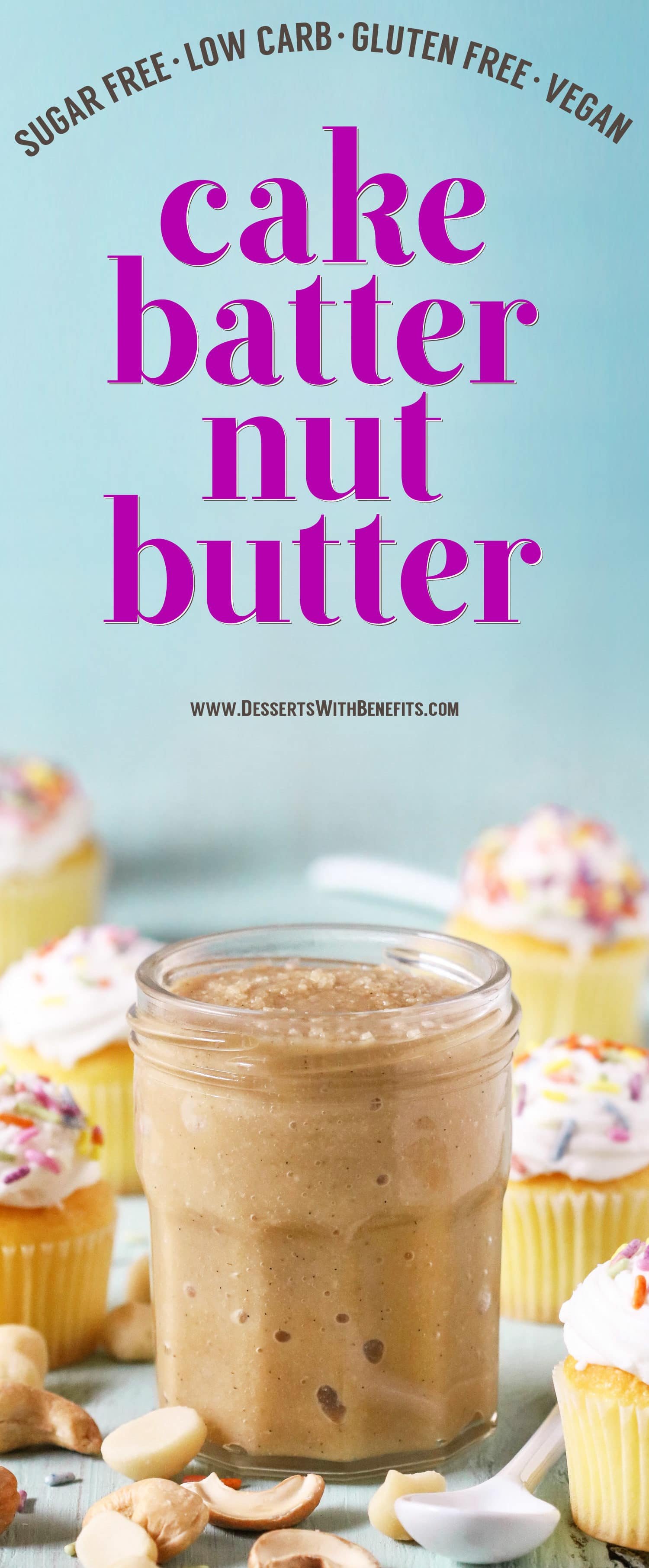 This Healthy Cake Batter Nut Butter is sweet, buttery, dense, thick, and spreadable. This easy 5-ingredient recipe is sugar free, low carb, gluten free, dairy free, and vegan!