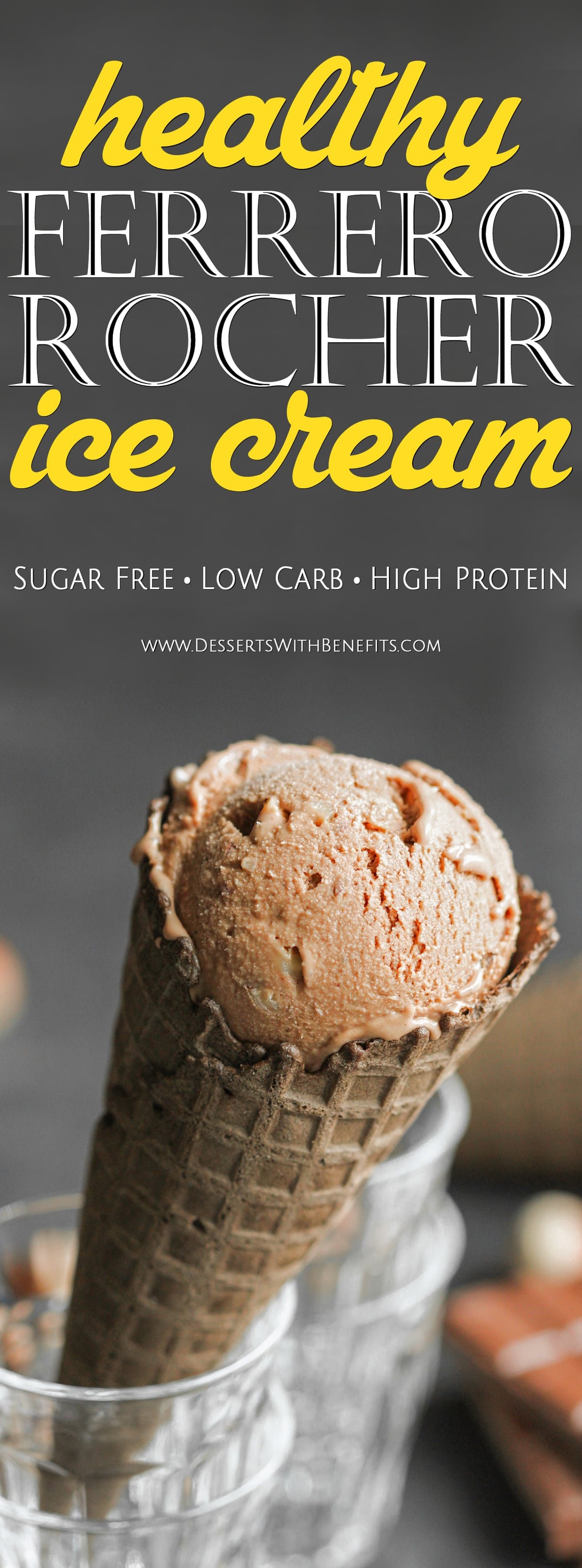 This Healthy Ferrero Rocher Ice Cream is so creamy, sweet, chocolatey, and hazelnutty, you’ll fall in love! It’s studded with chopped hazelnuts for that classic Ferrero Rocher flavor without the added sugar and artificial ingredients. This ice cream sure doesn't taste sugar free, low carb, high protein, and gluten free! -- Healthy Dessert Recipes with low calorie, low fat, gluten free, dairy free, and vegan options at the Desserts With Benefits Blog (www.DessertsWithBenefits.com)